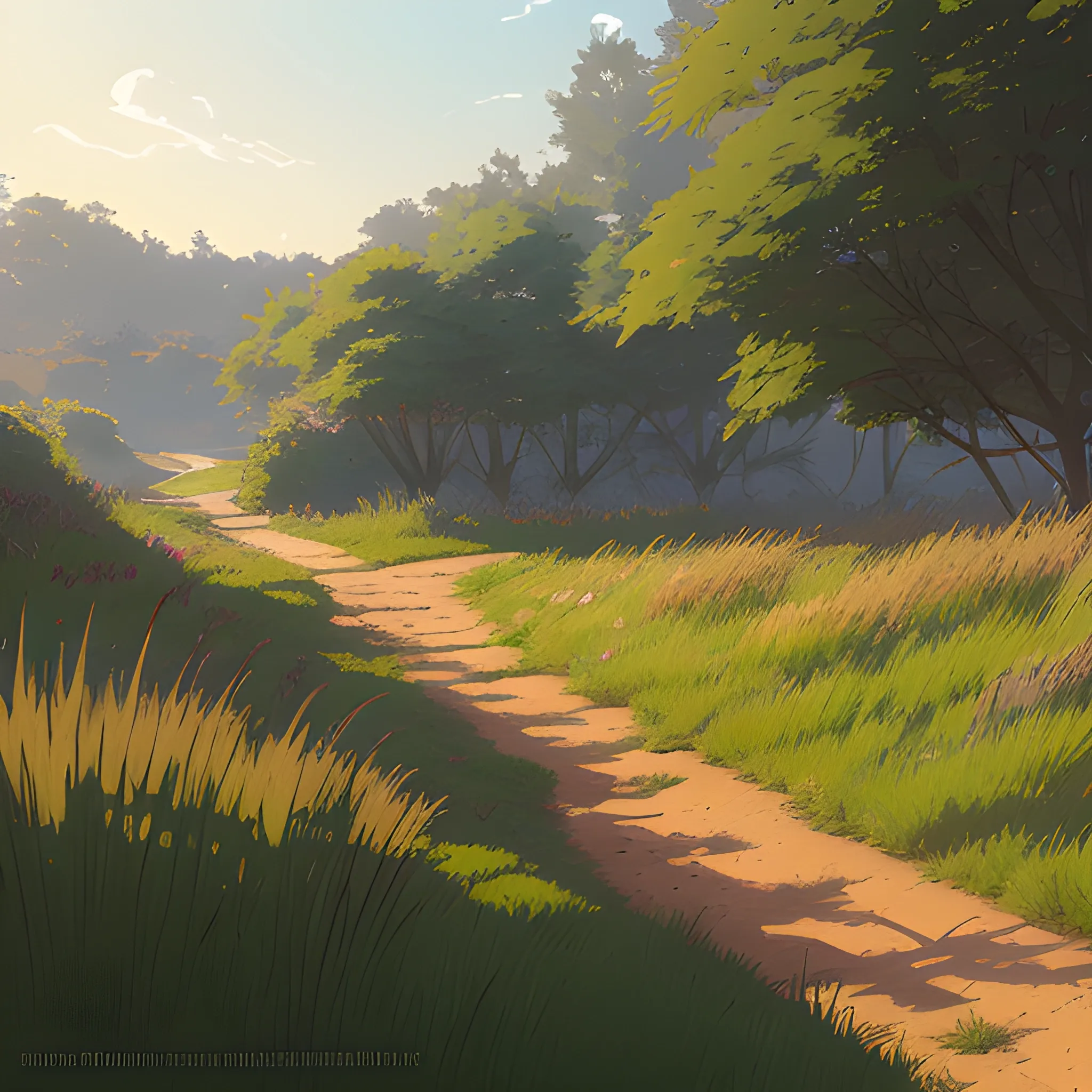 a dirt path with grasses and fooliage... in the style of makoto shinkai and greg rutkowski and albert bierstadt and james gurney, Cartoon