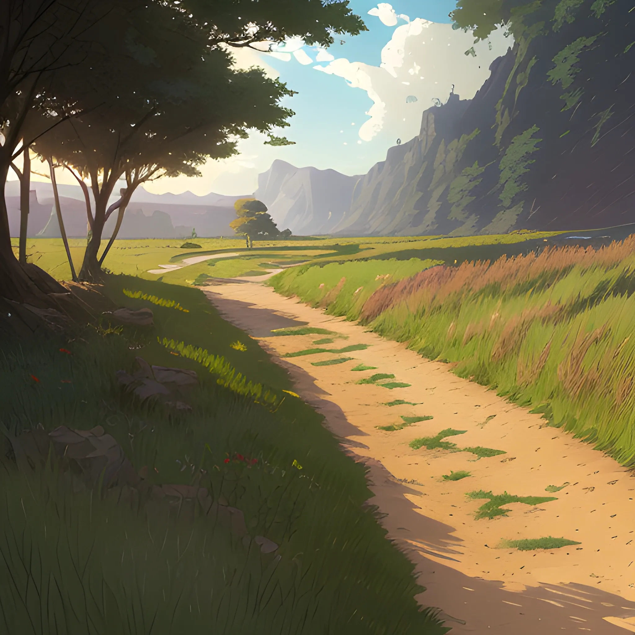 a dirt path with grasses and fooliage... in the style of makoto shinkai and greg rutkowski and albert bierstadt and james gurney, Cartoon