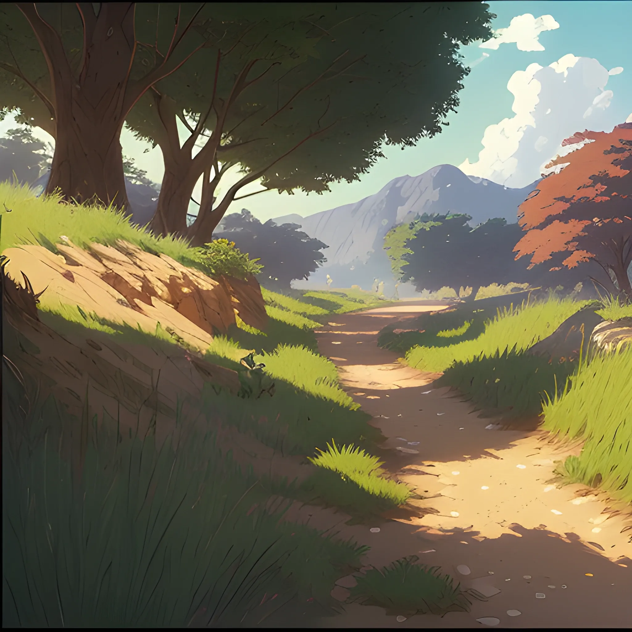 a dirt path with grasses and fooliage... in the style of makoto shinkai and greg rutkowski and albert bierstadt and james gurney, Cartoon