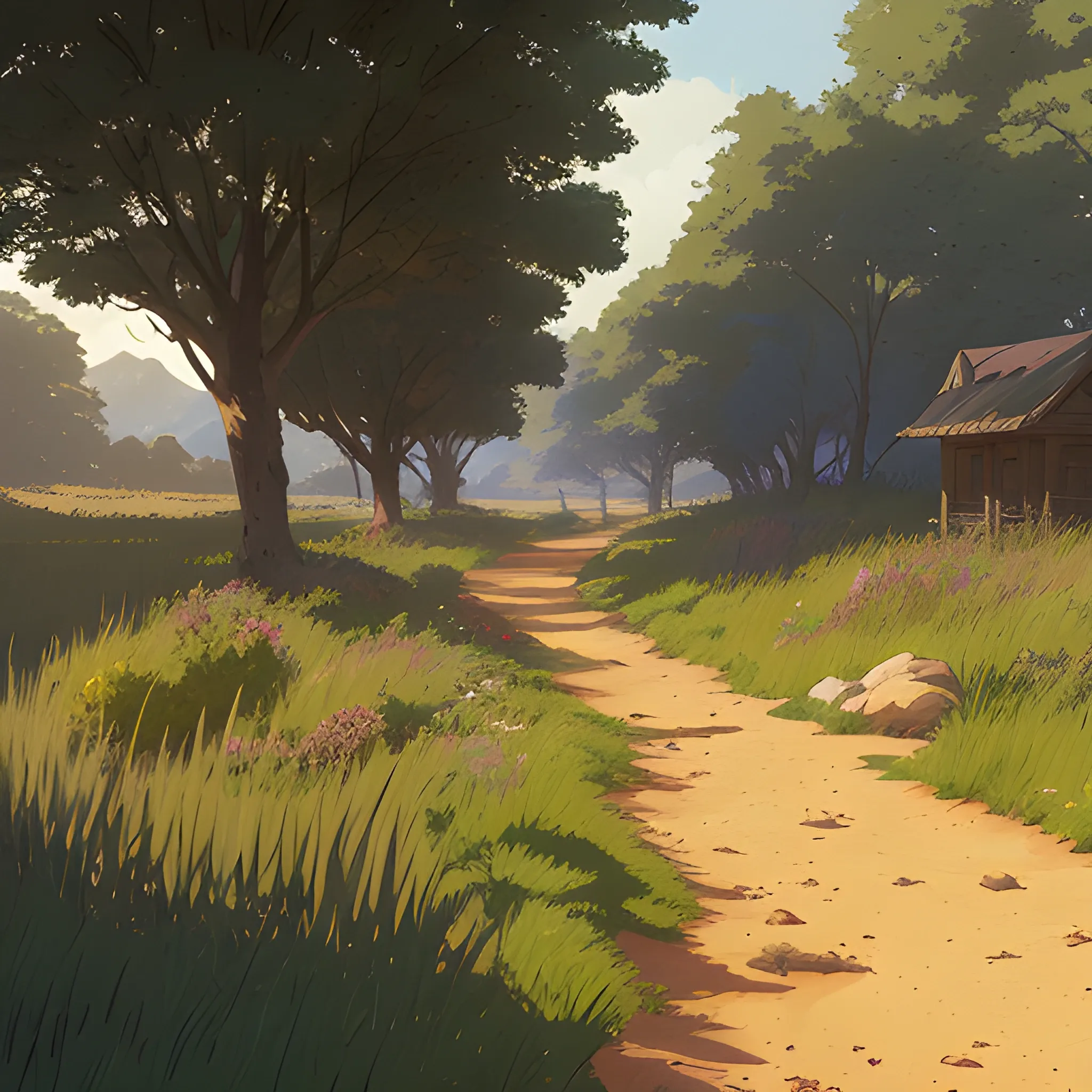 a dirt path with grasses and fooliage... in the style of makoto shinkai and greg rutkowski and albert bierstadt and james gurney, Cartoon