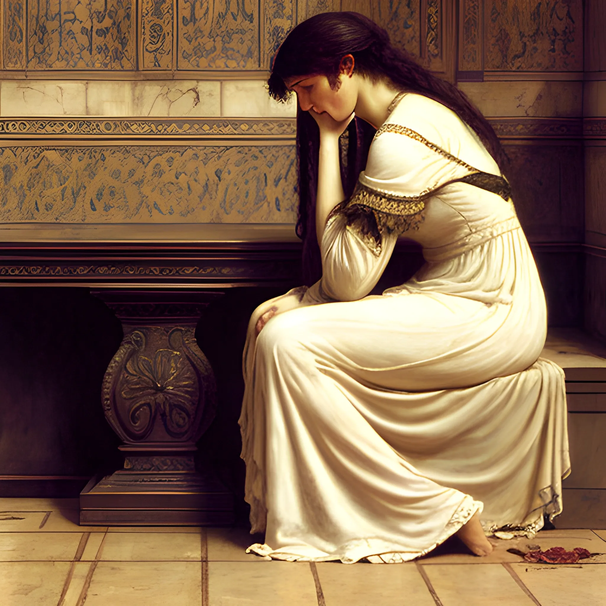 woman in sorrow because of losing her lover alma tadema style