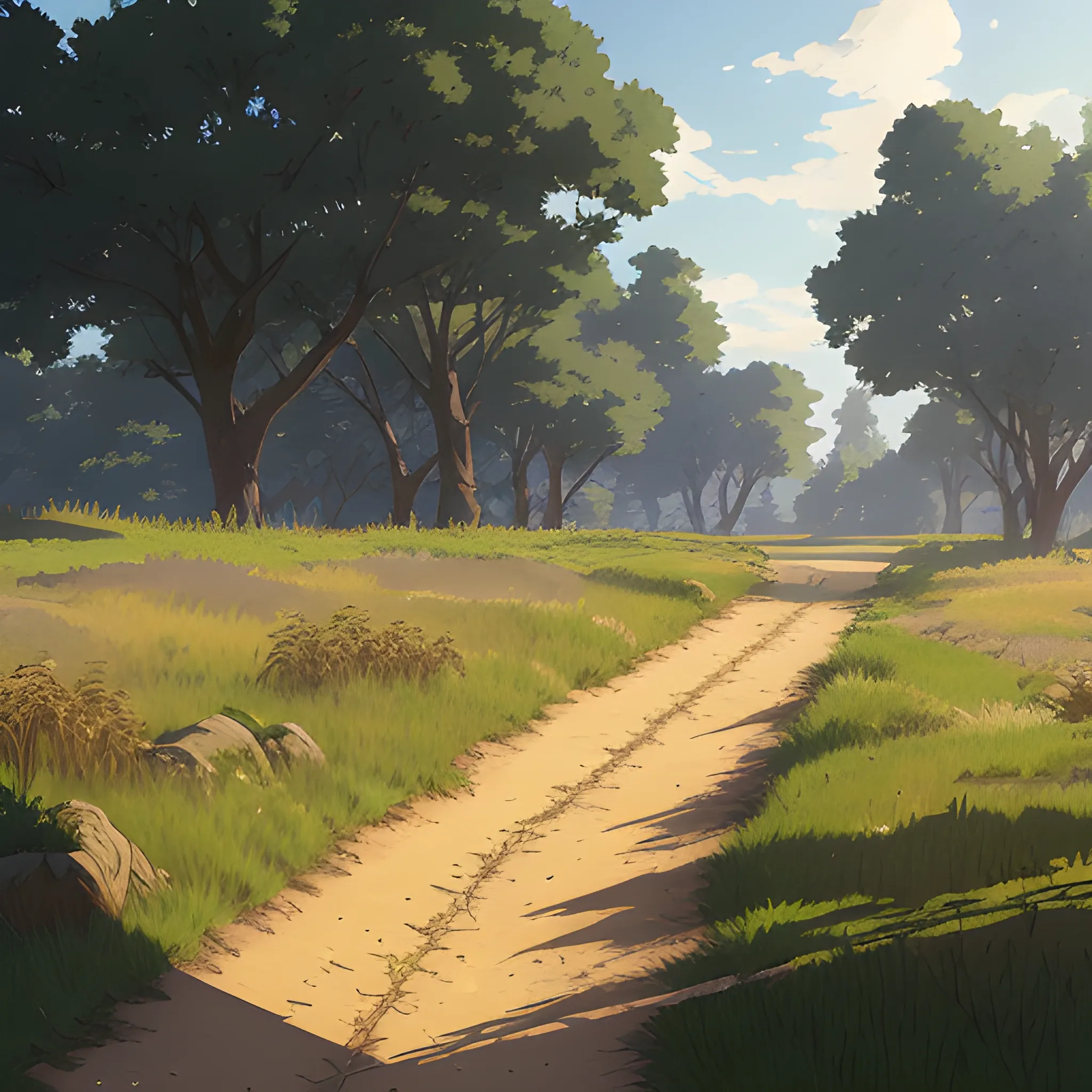 a dirt path with grasses and fooliage... in the style of makoto shinkai and greg rutkowski and albert bierstadt and james gurney, Cartoon