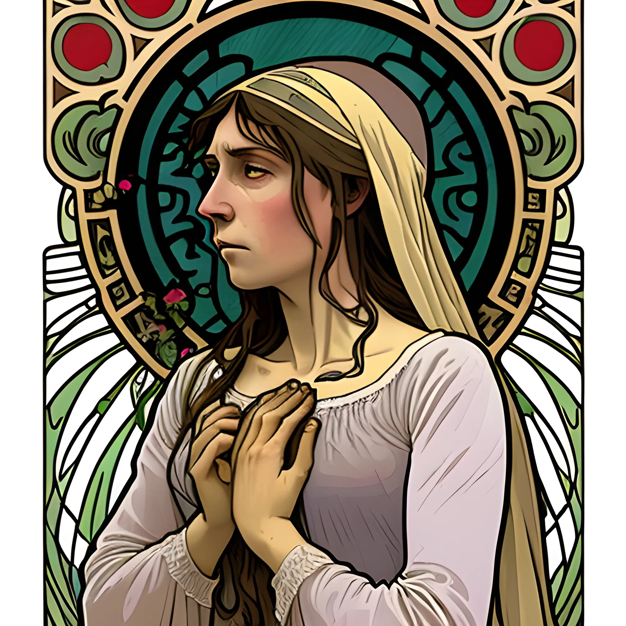 woman in sorrow because of losing her lover alphonse mucha style