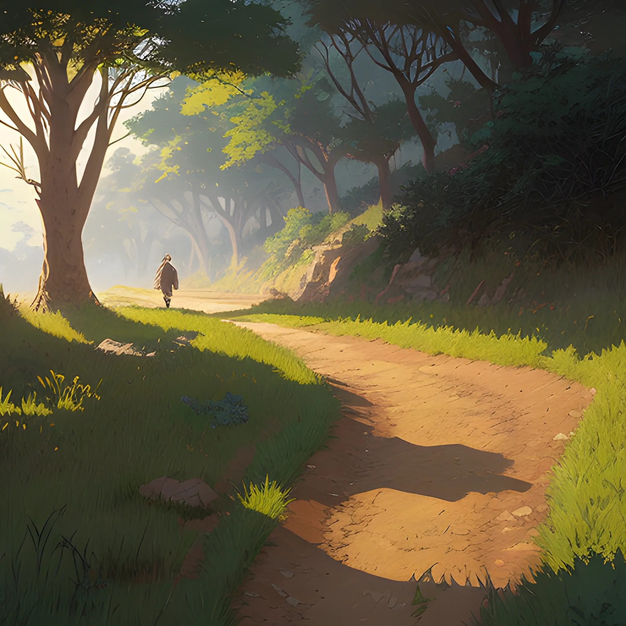 a dirt path with grasses and fooliage... in the style of makoto shinkai and greg rutkowski and albert bierstadt and james gurney, Cartoon