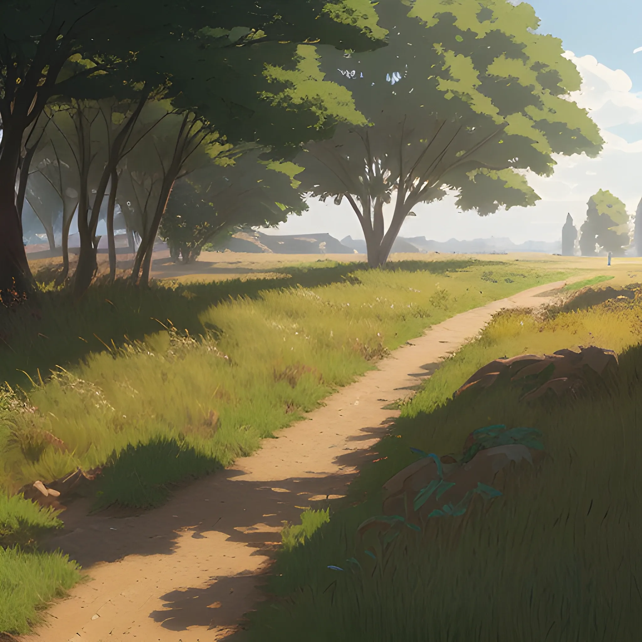 a dirt path with grasses and fooliage... in the style of makoto shinkai and greg rutkowski and albert bierstadt and james gurney, Cartoon