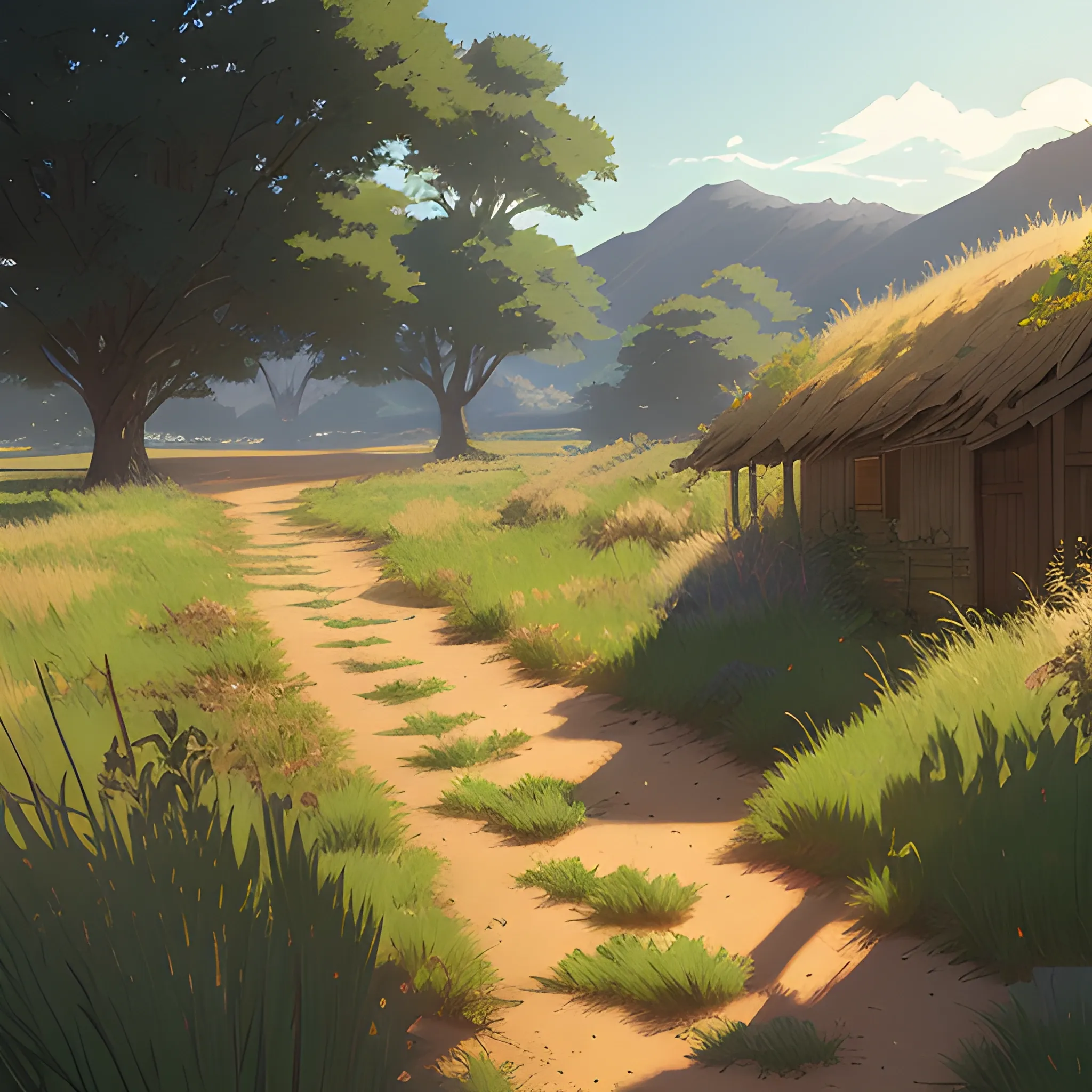 a dirt path with grasses and fooliage... in the style of makoto shinkai and greg rutkowski and albert bierstadt and james gurney, Cartoon