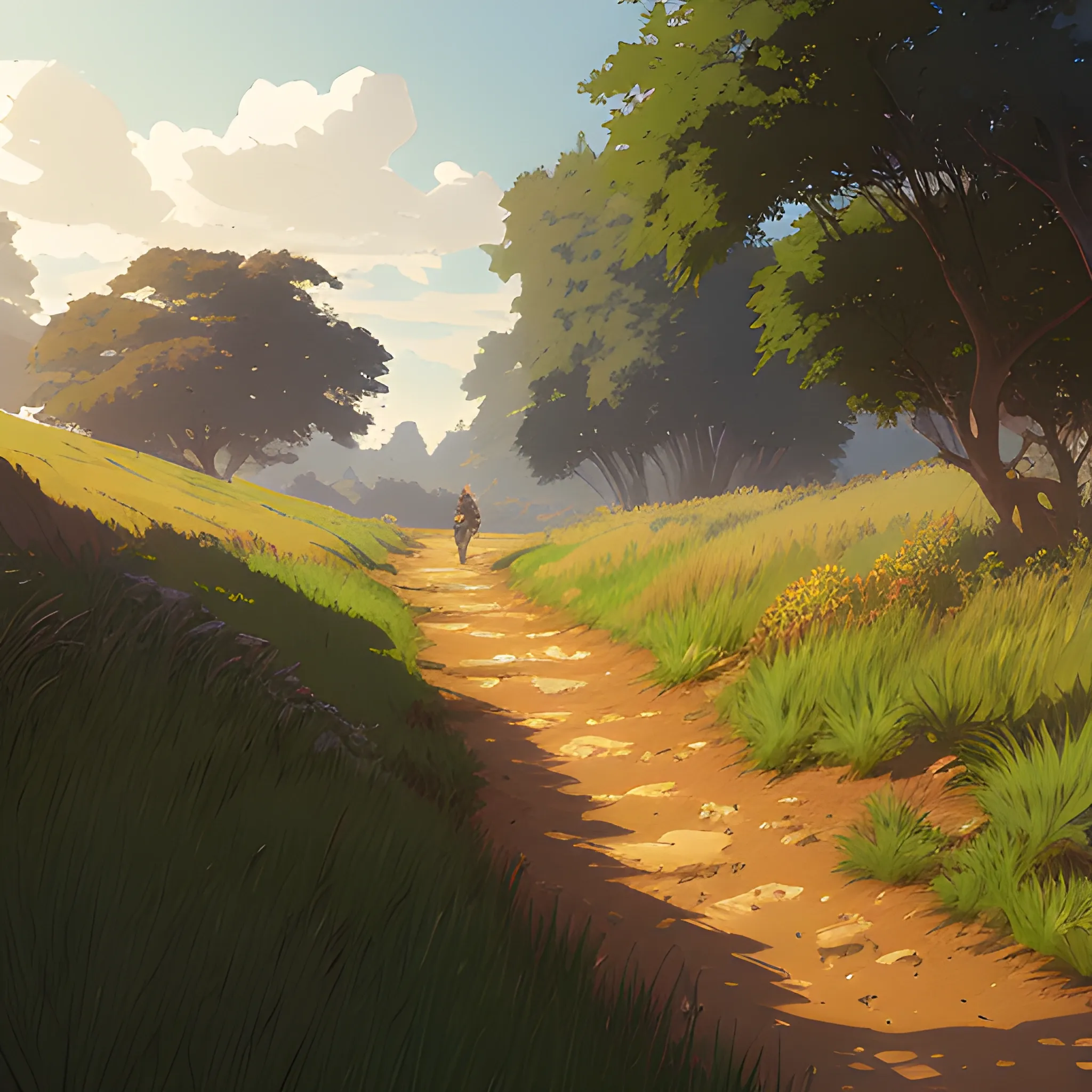 a dirt path with grasses and fooliage... in the style of makoto shinkai and greg rutkowski and albert bierstadt and james gurney, Cartoon