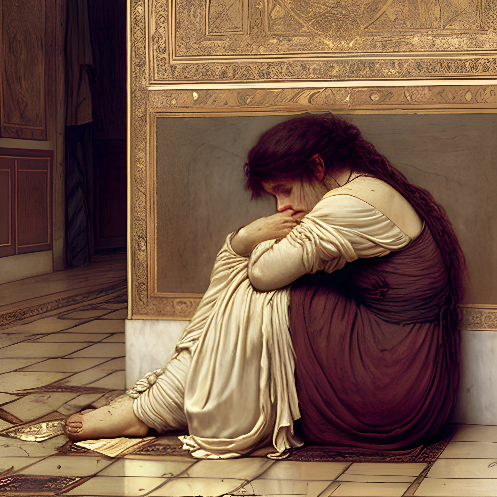 woman in despair because of losing her lover alma tadema style