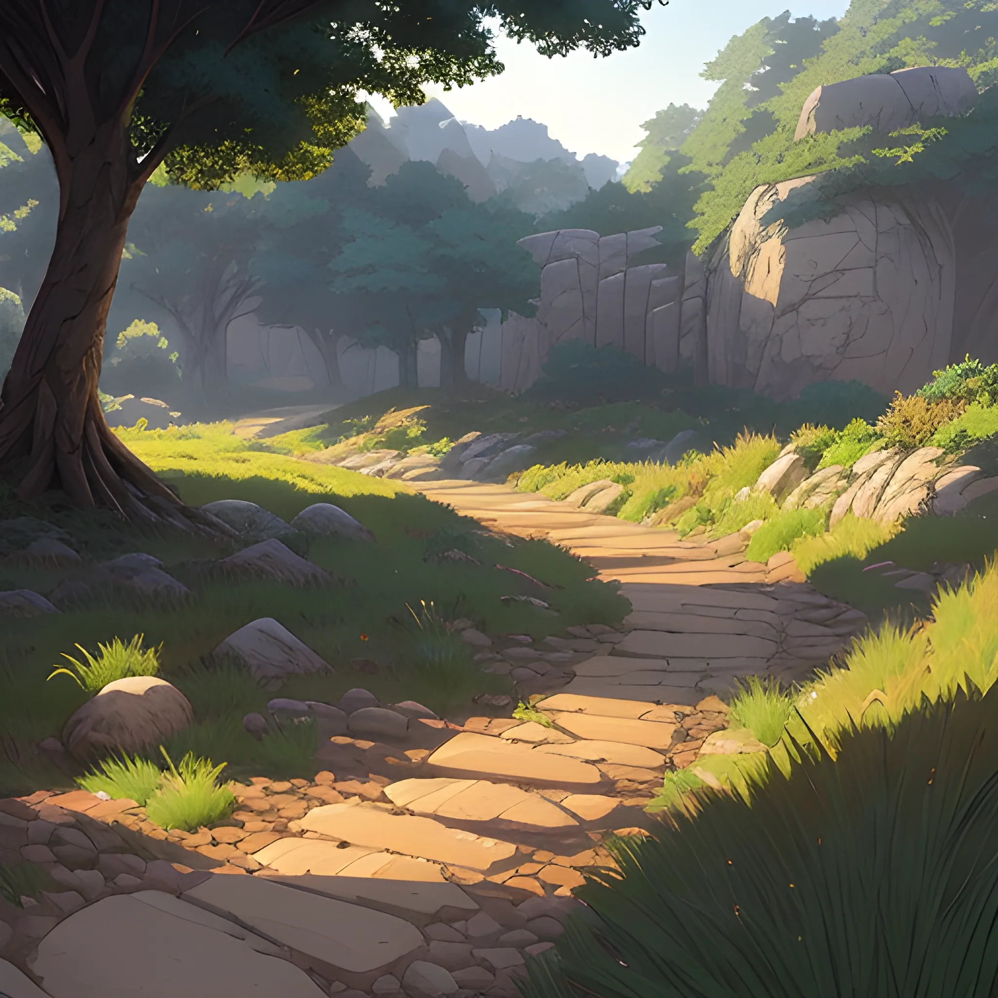 a dirt path with grasses rocks and stony... in the style of makoto shinkai and greg rutkowski and albert bierstadt and james gurney, Cartoon