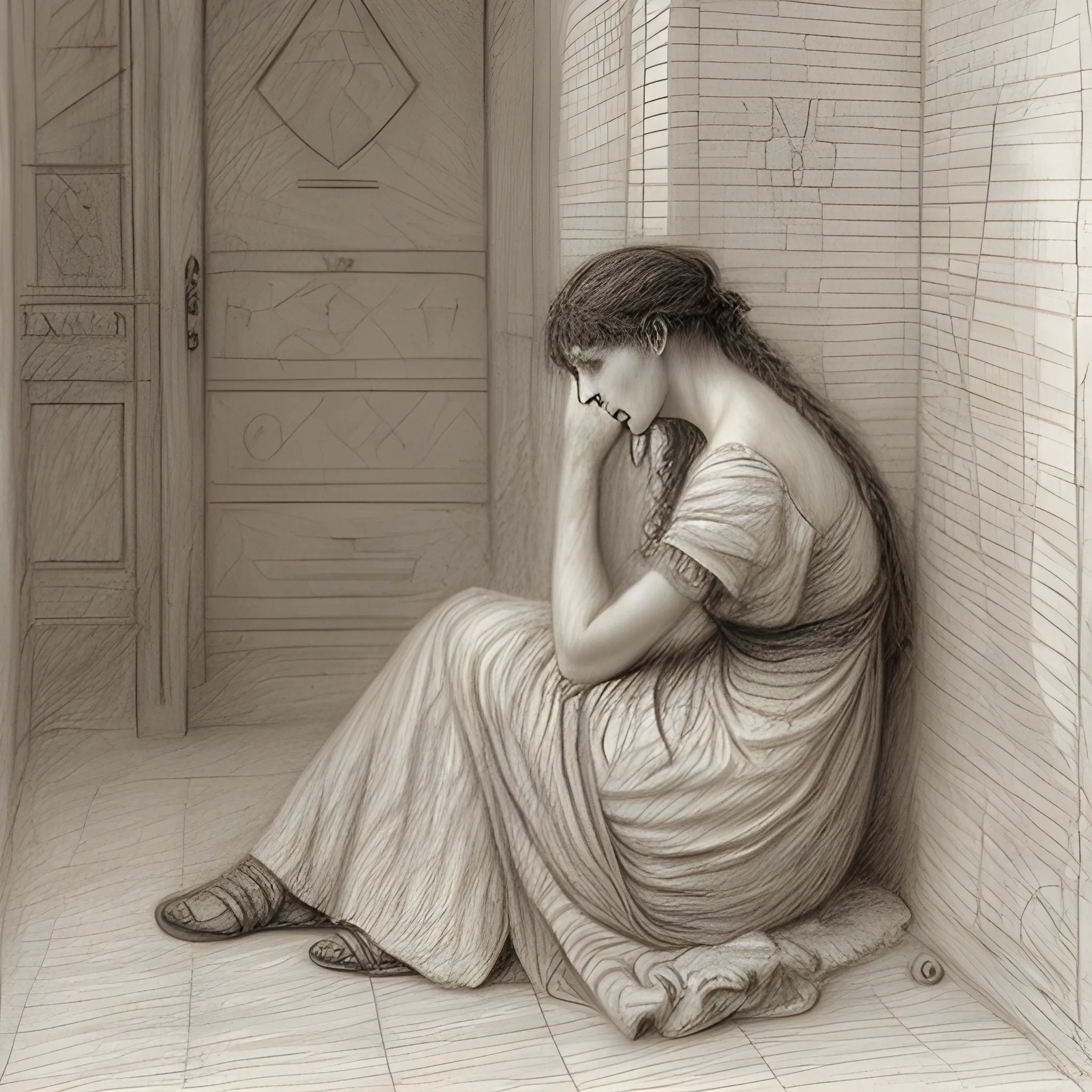 woman in despair because of losing her lover alma tadema style pencil sketch