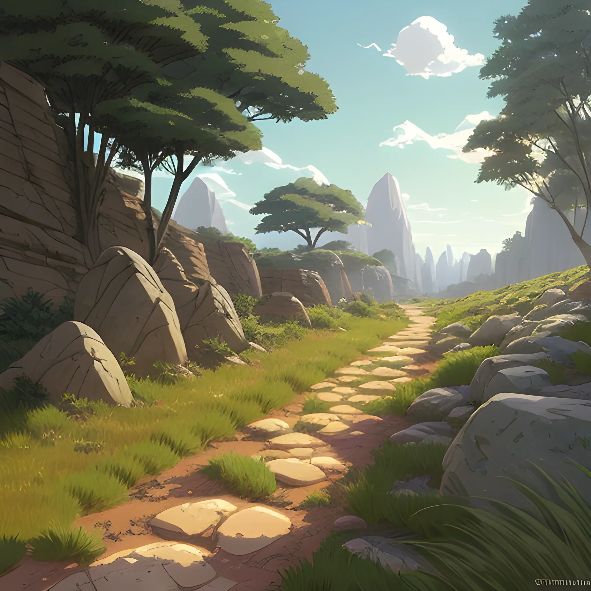 a dirt path with grasses rocks and stony... in the style of makoto shinkai and greg rutkowski and albert bierstadt and james gurney, Cartoon