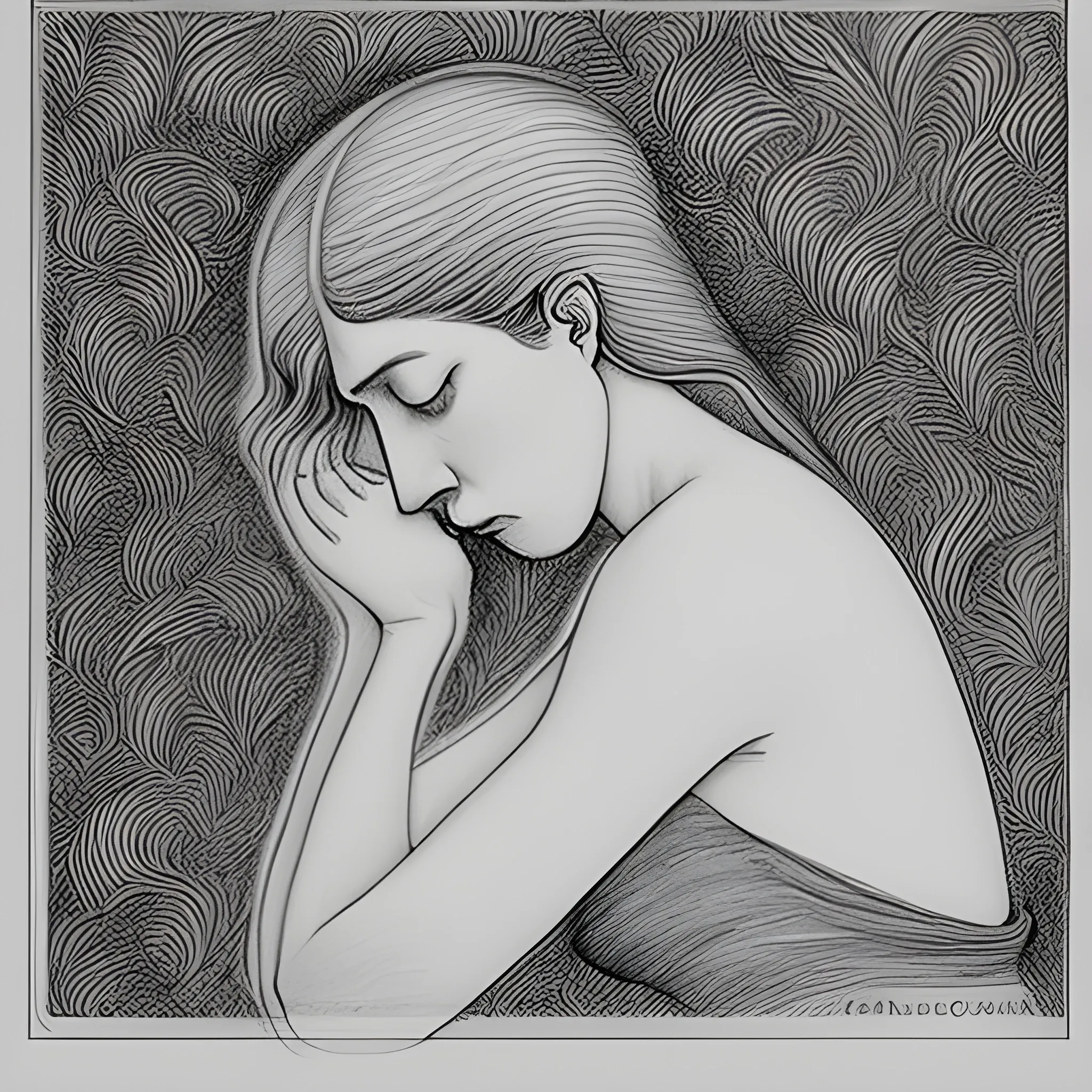 woman in despair because of losing her lover aubrey beardsley style  pencil sketch 