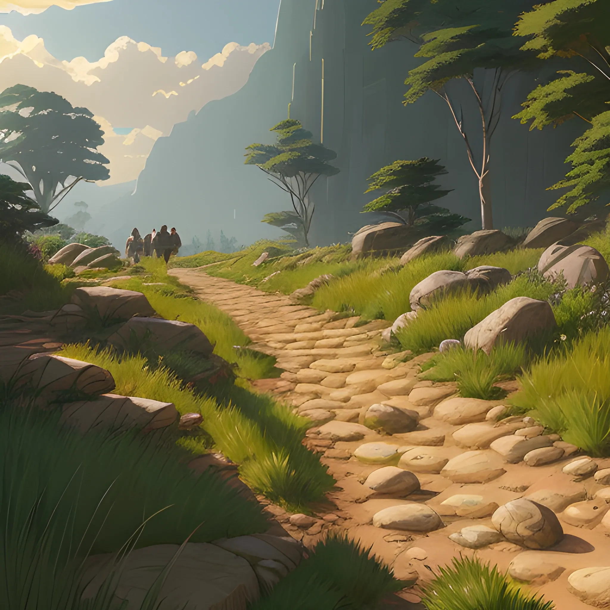 a dirt path with grasses rocks and stony... in the style of makoto shinkai and greg rutkowski and albert bierstadt and james gurney, Cartoon