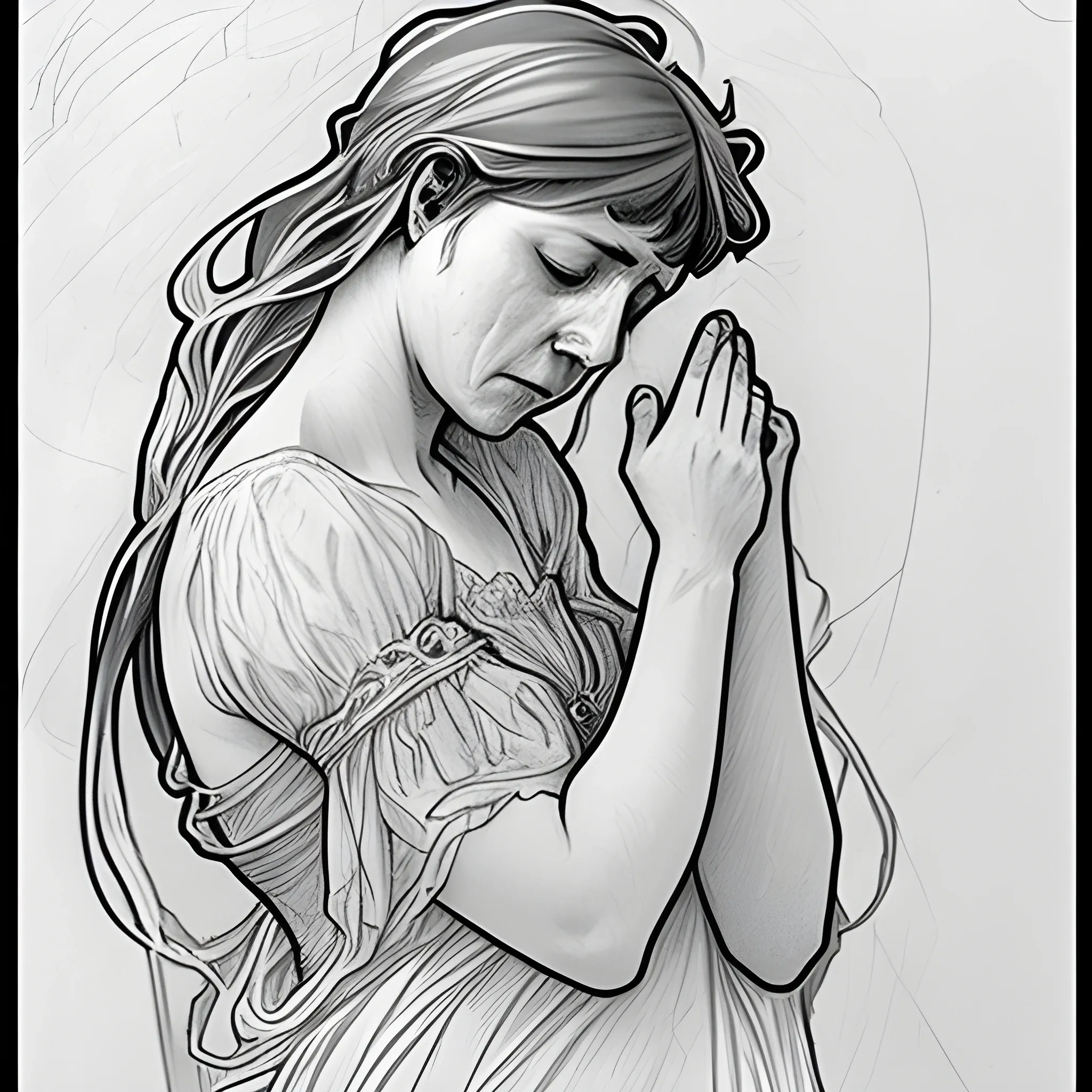 woman in despair crying because of losing her lover alphonse mucha style  pencil sketch 