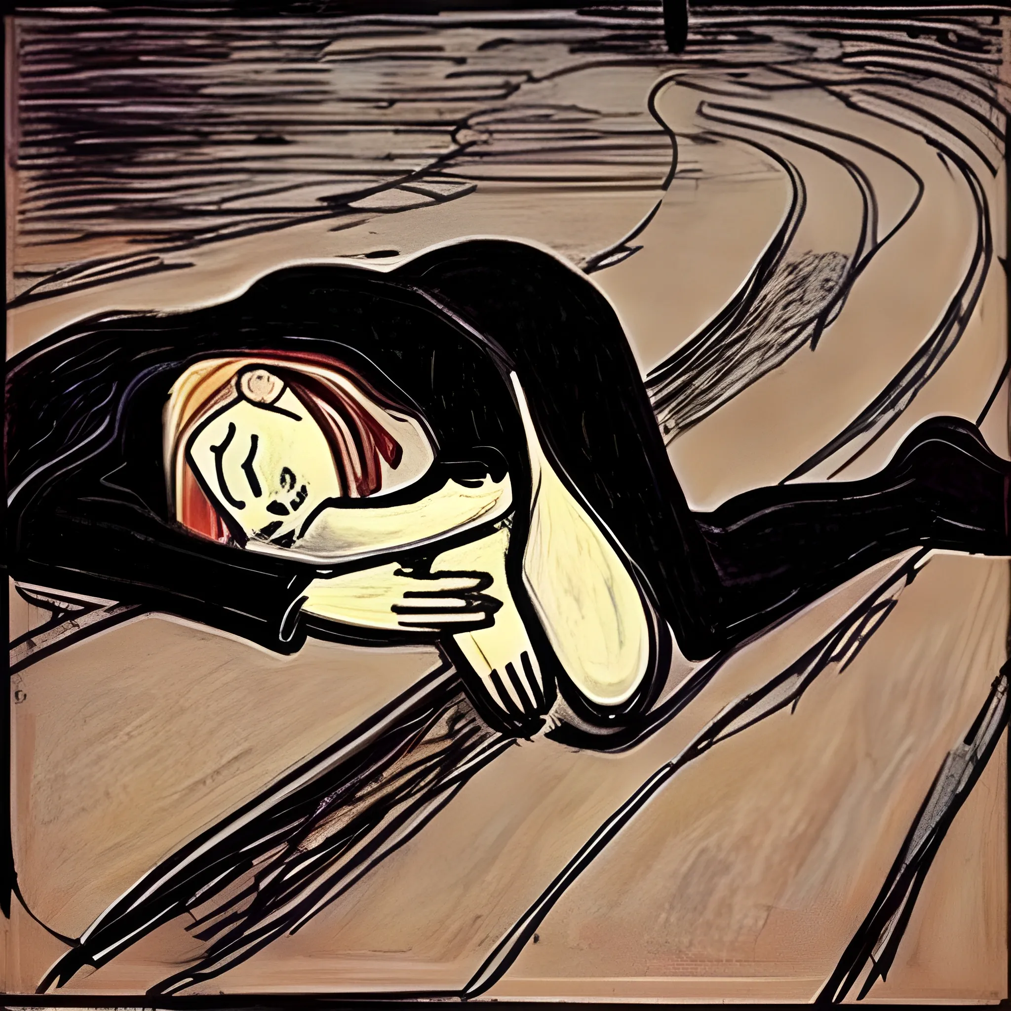 woman in despair laying on the ground because of losing her lover edvard munch style  