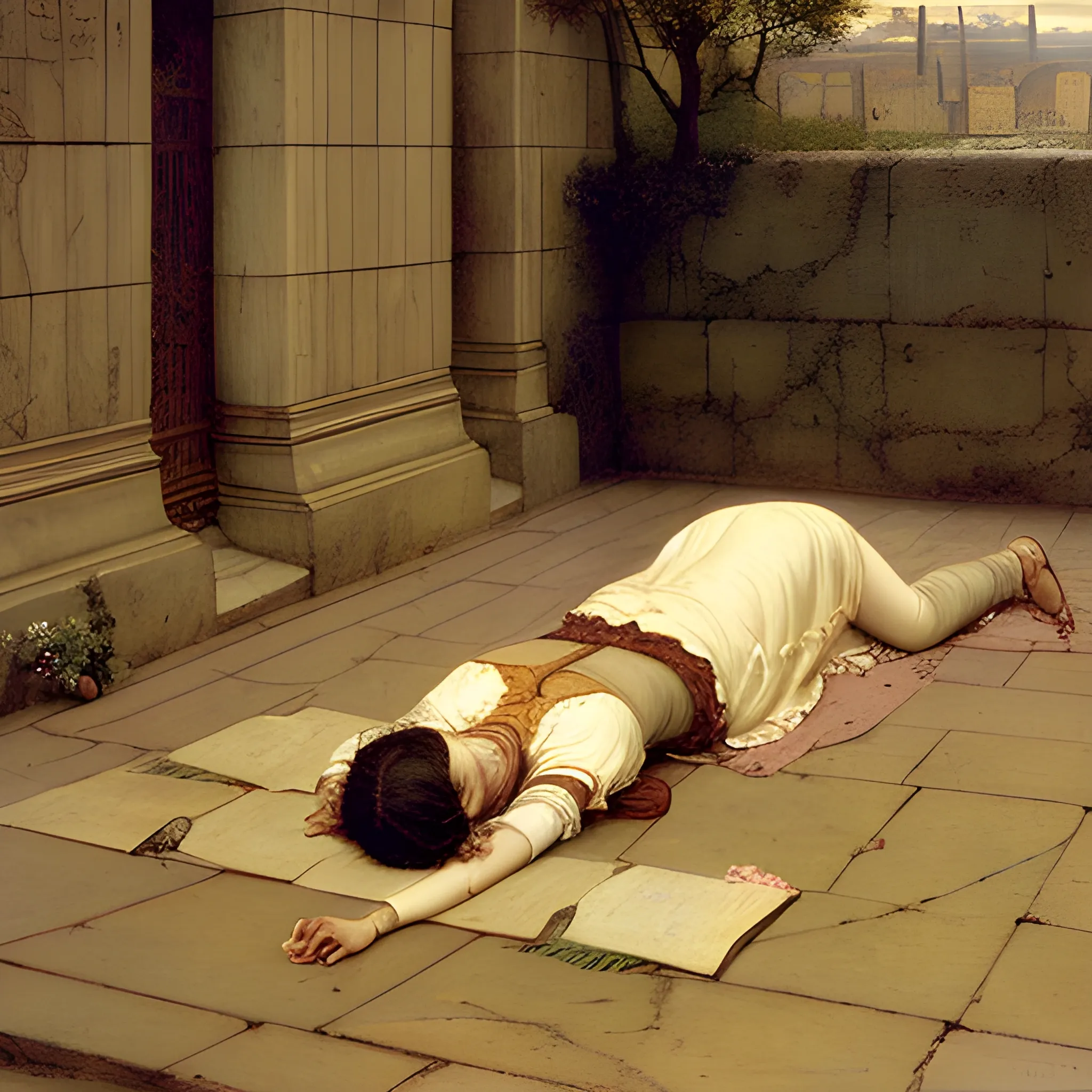 woman in despair laying on the ground because of losing her lover alma tadema style  