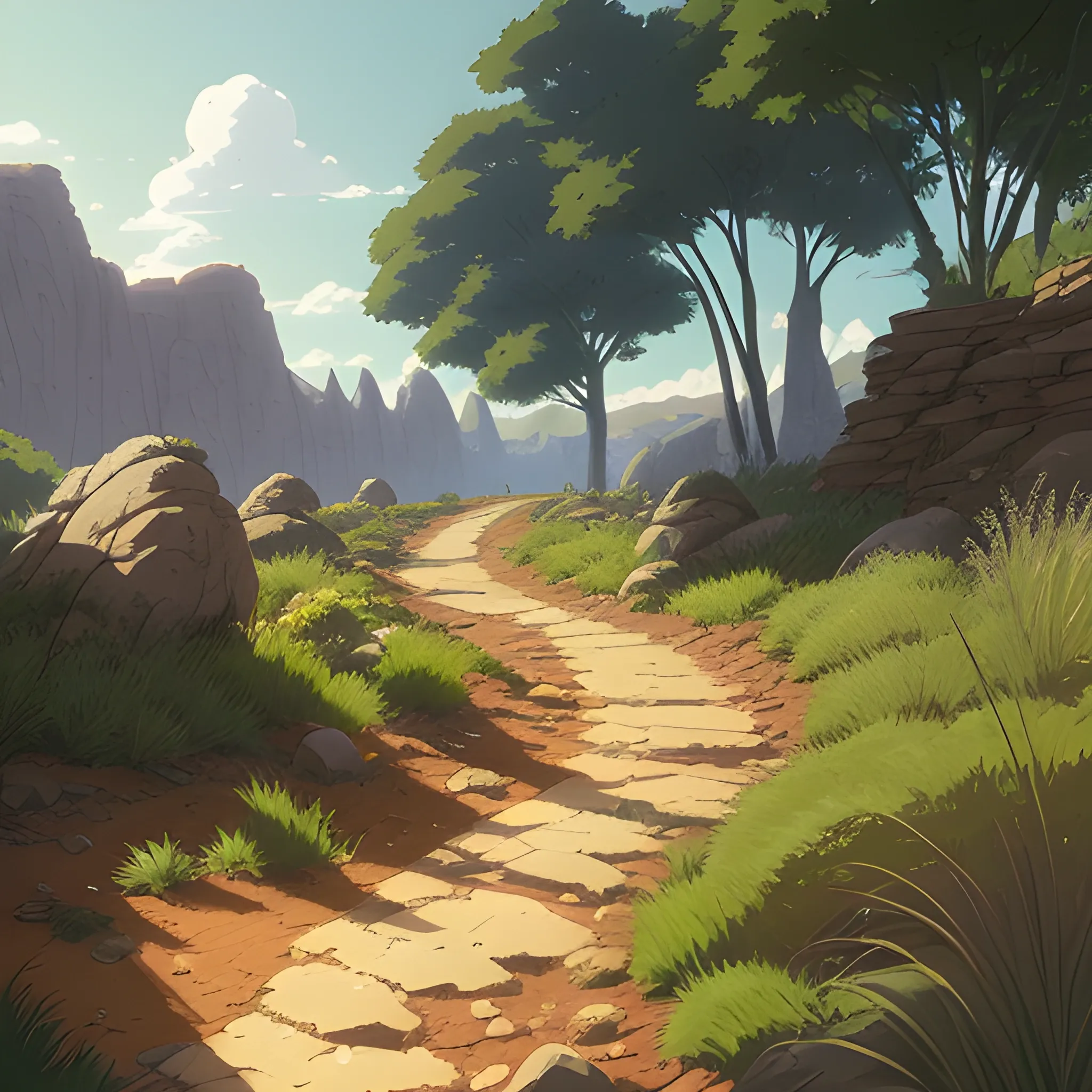 a dirt path with grasses rocks and stony... in the style of makoto shinkai and greg rutkowski and albert bierstadt and james gurney, Cartoon