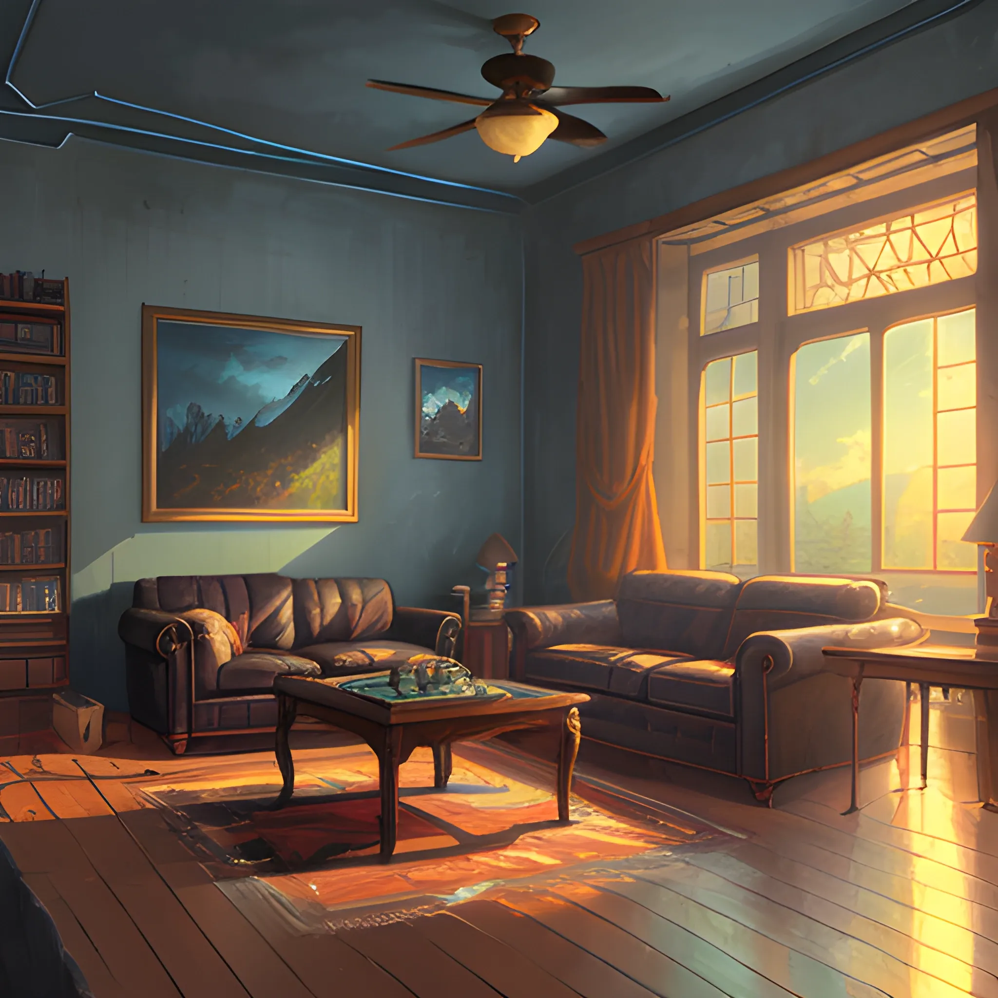 living room... in the style of makoto shinkai and greg rutkowski and albert bierstadt and james gurney, Cartoon