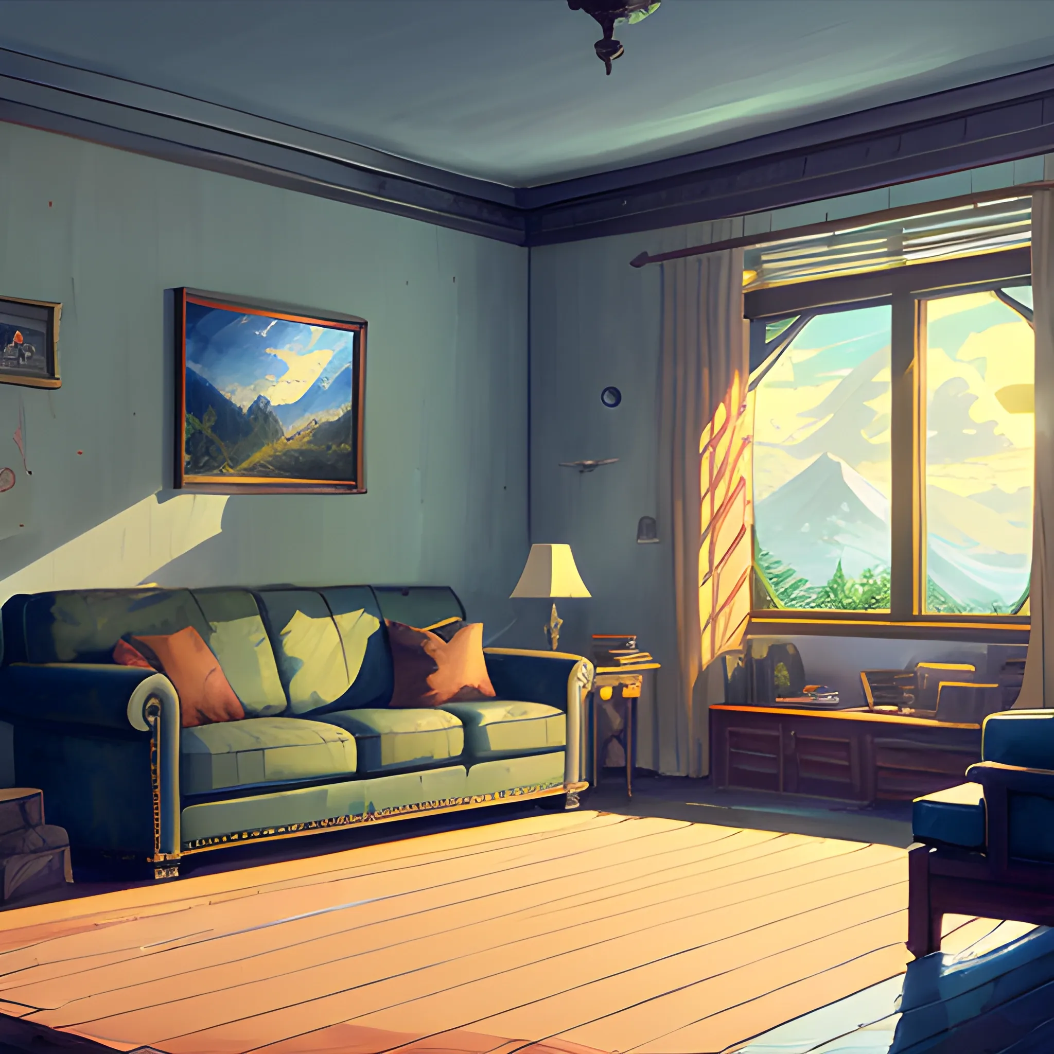 living room... in the style of makoto shinkai and greg rutkowski and albert bierstadt and james gurney, Cartoon