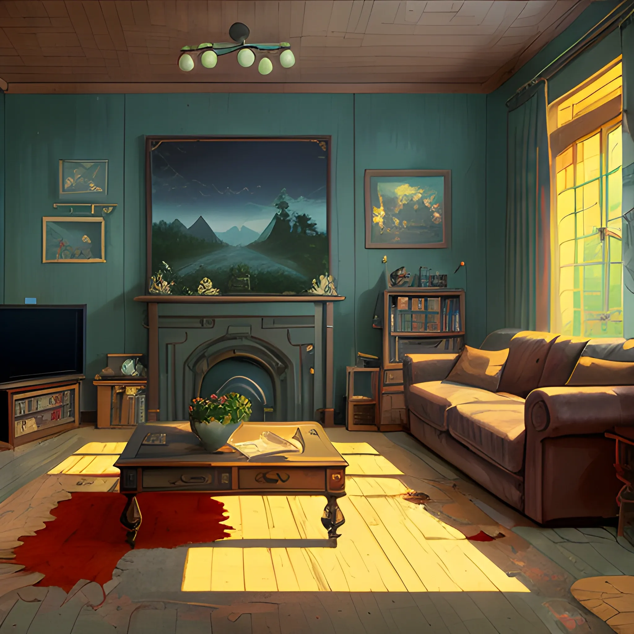 living room... in the style of makoto shinkai and greg rutkowski and albert bierstadt and james gurney, Cartoon