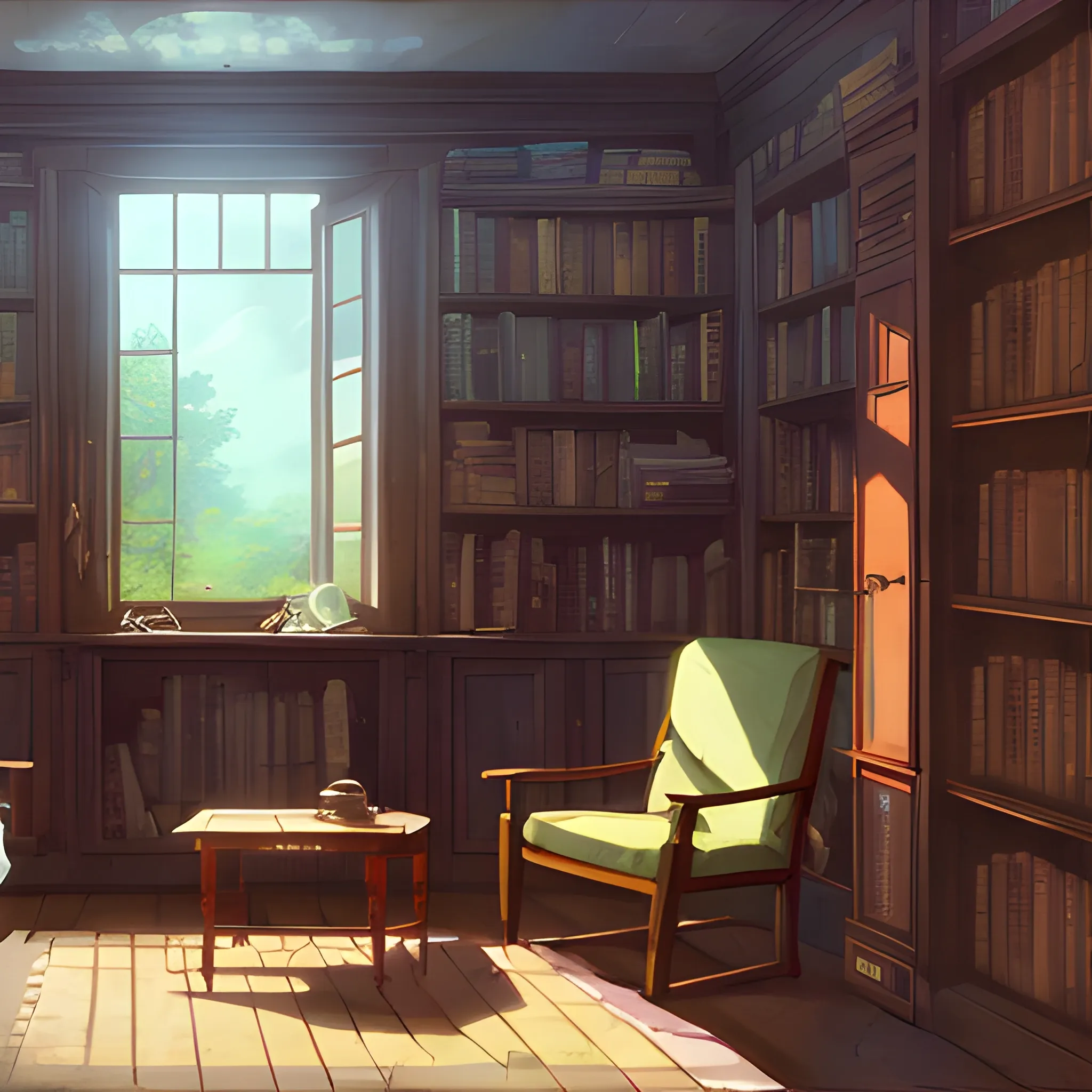 living room with cabinets, books... in the style of makoto shinkai and greg rutkowski and albert bierstadt and james gurney, Cartoon