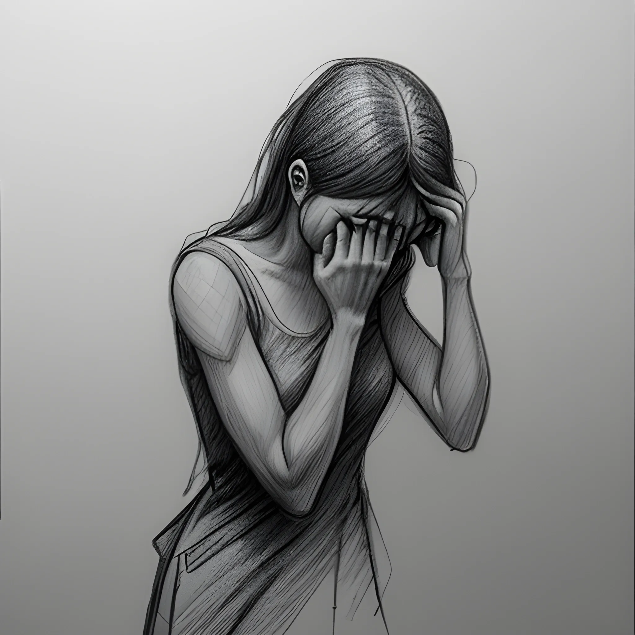 crying woman in despair because of losing her lover full siluette body language pencil sketch