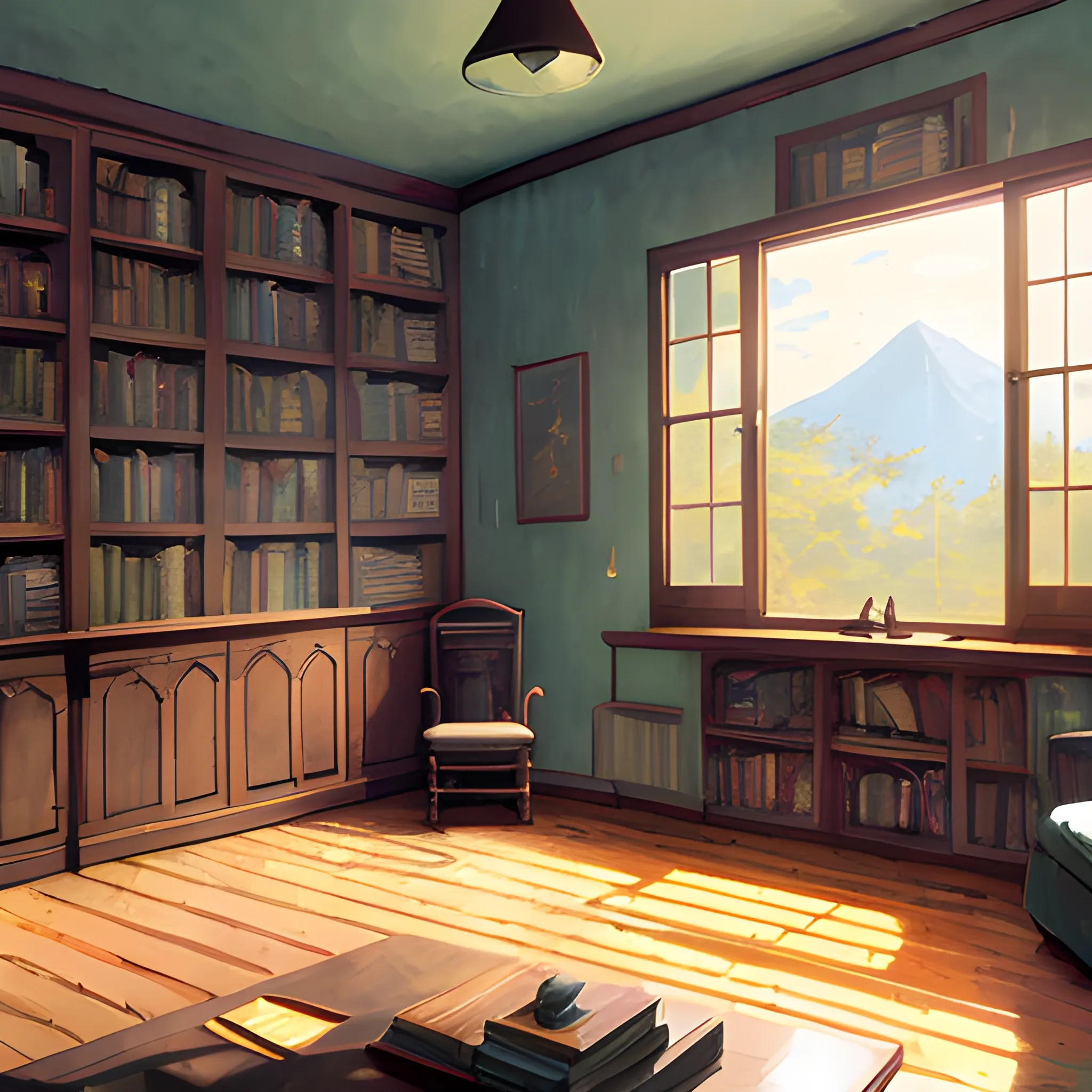 living room with cabinets, books... in the style of makoto shinkai and greg rutkowski and albert bierstadt and james gurney, Cartoon