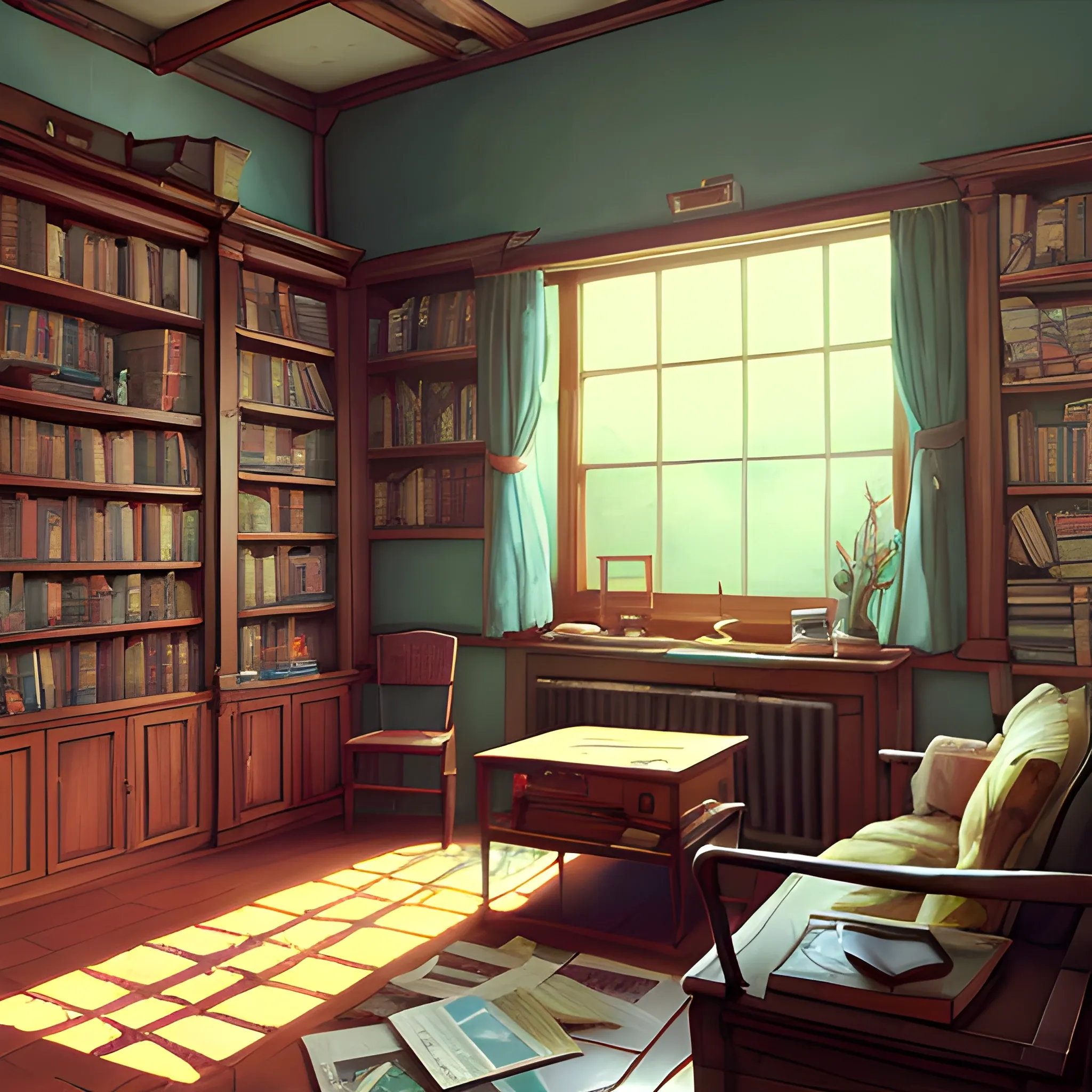 living room with cabinets, books... in the style of makoto shinkai and greg rutkowski and albert bierstadt and james gurney, Cartoon