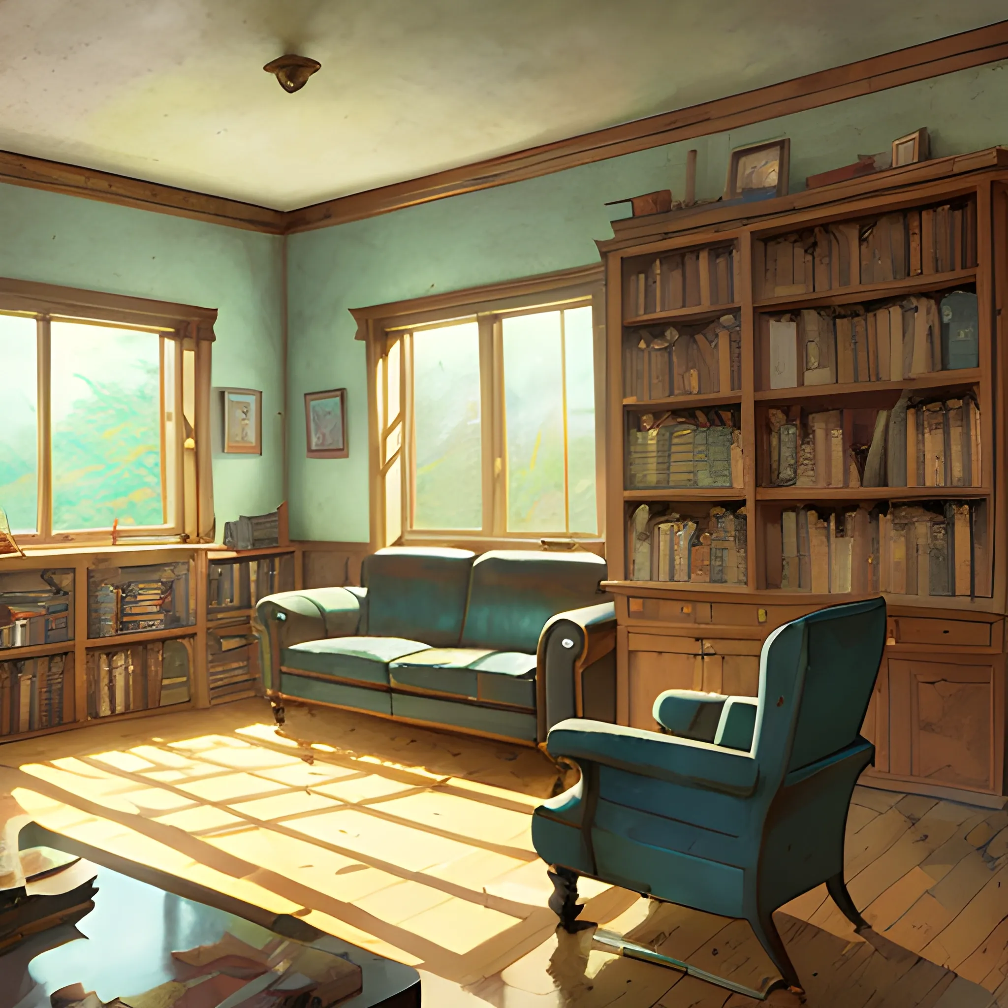 living room with cabinets, books... in the style of makoto shinkai and greg rutkowski and albert bierstadt and james gurney, Cartoon