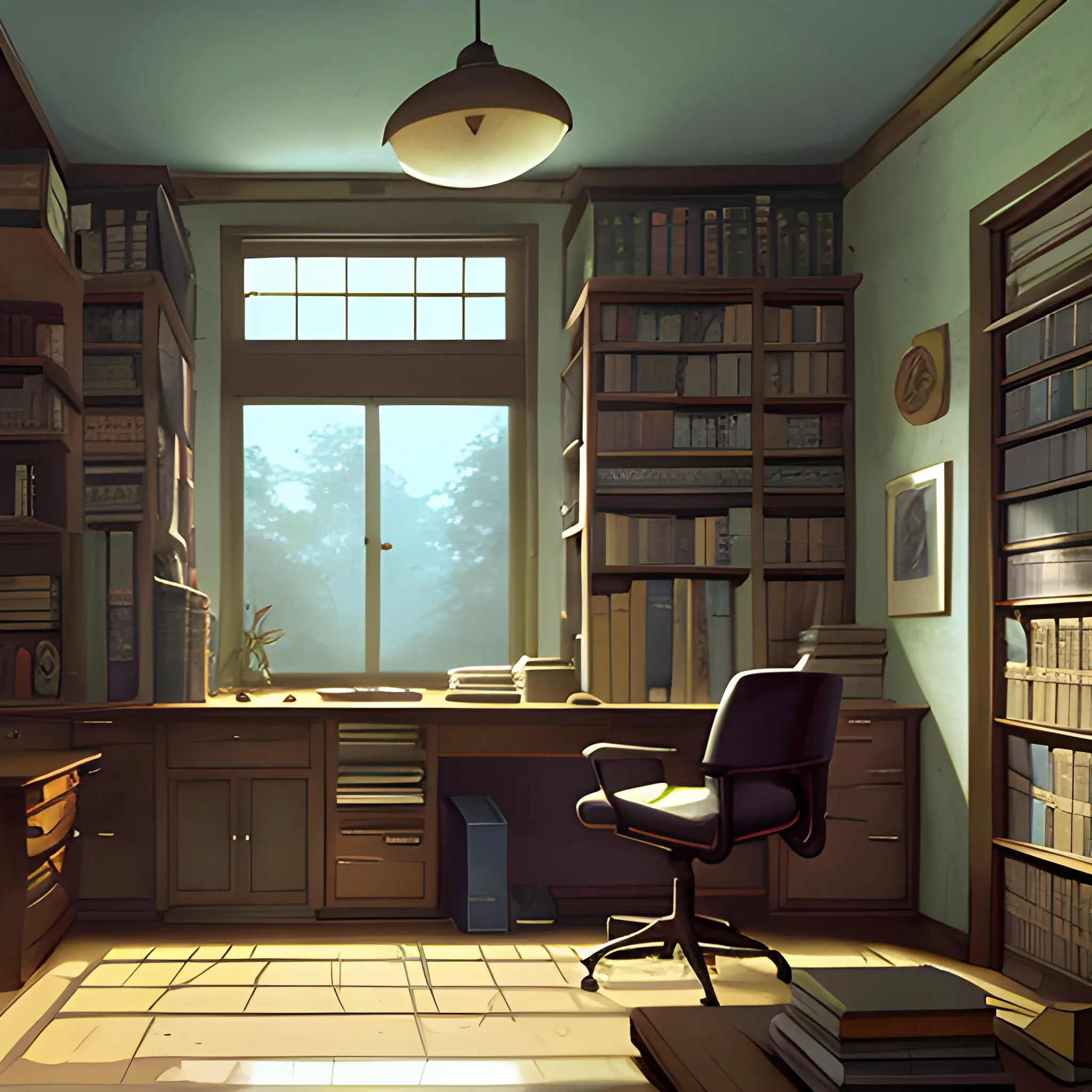 office with cabinets, books... in the style of makoto shinkai and greg rutkowski and albert bierstadt and james gurney, Cartoon