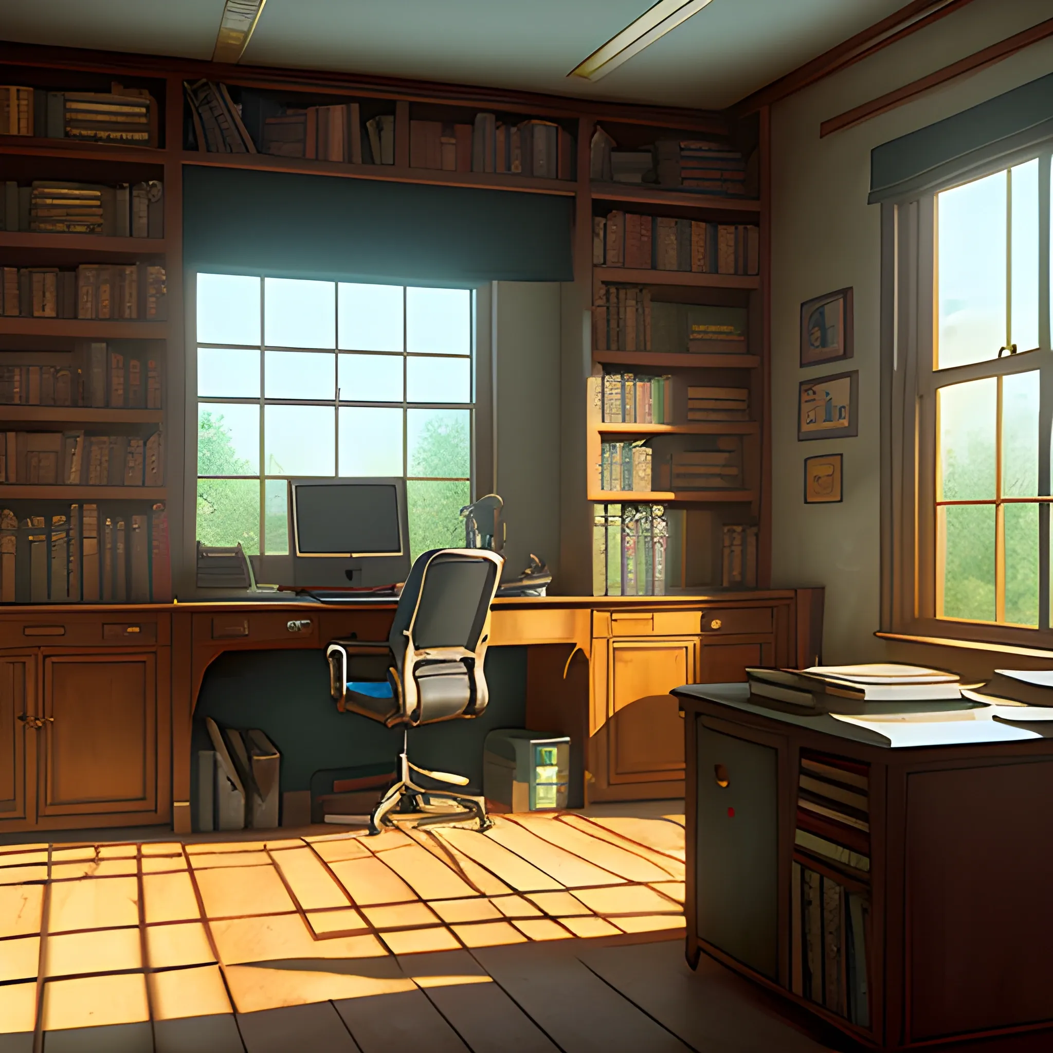 office with cabinets, books... in the style of makoto shinkai and greg rutkowski and albert bierstadt and james gurney, Cartoon