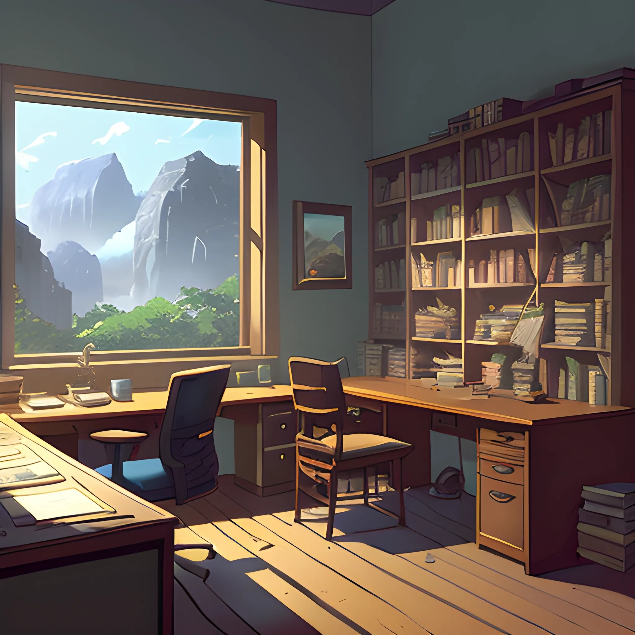 office with cabinets, books... in the style of makoto shinkai and greg rutkowski and albert bierstadt and james gurney, Cartoon