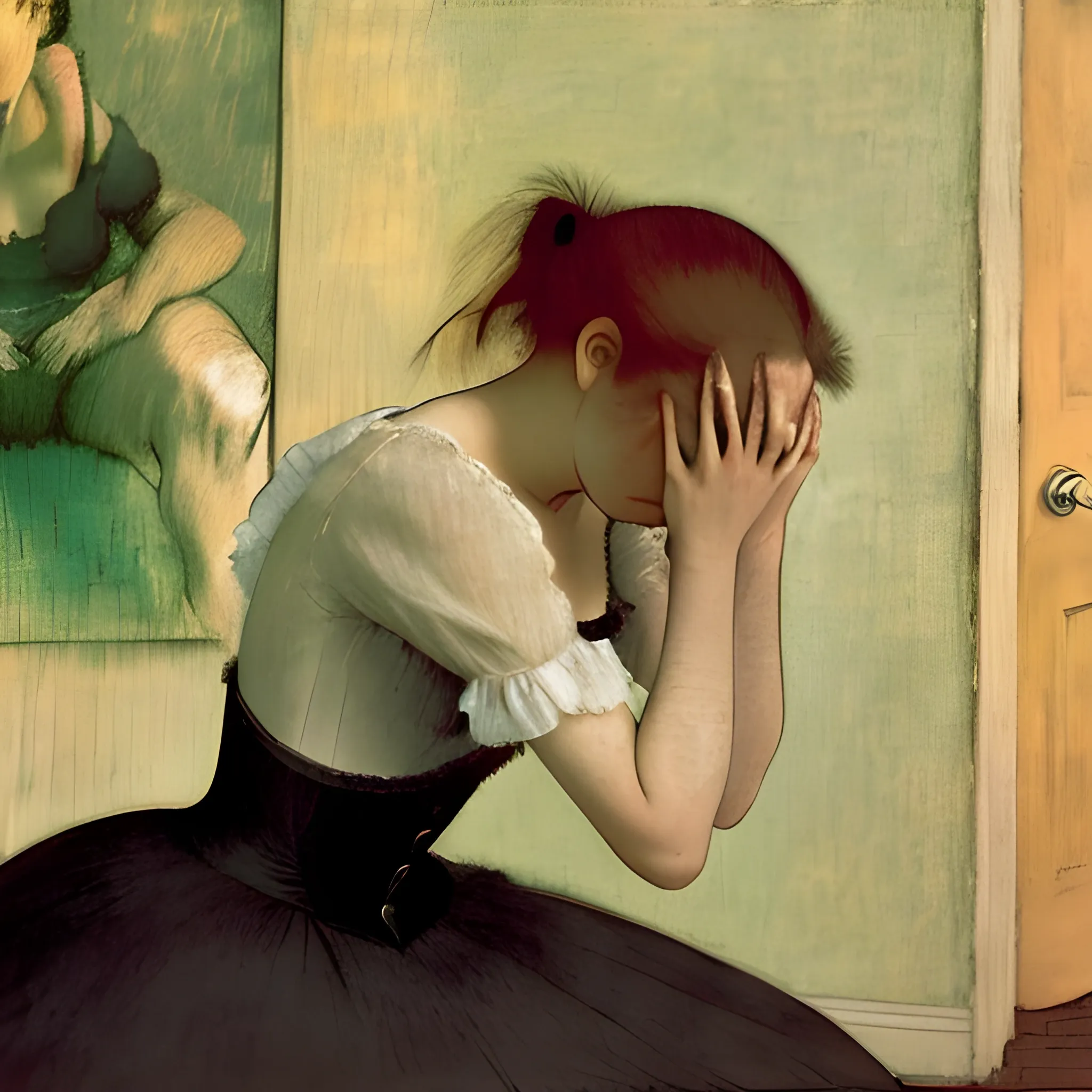  woman in despair because of losing her lover body language Edgar Degas style