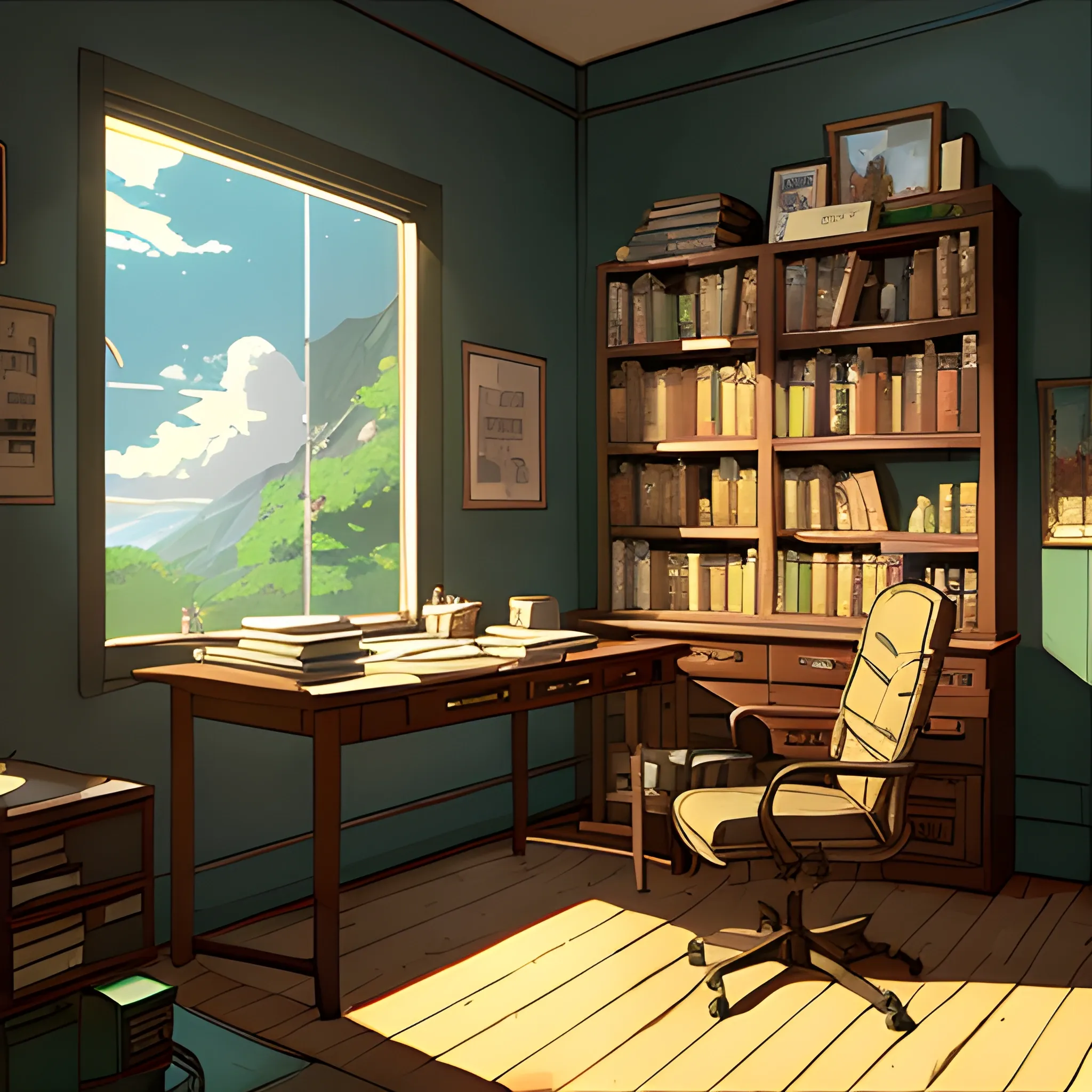 office with cabinets, books... in the style of makoto shinkai and greg rutkowski and albert bierstadt and james gurney, Cartoon