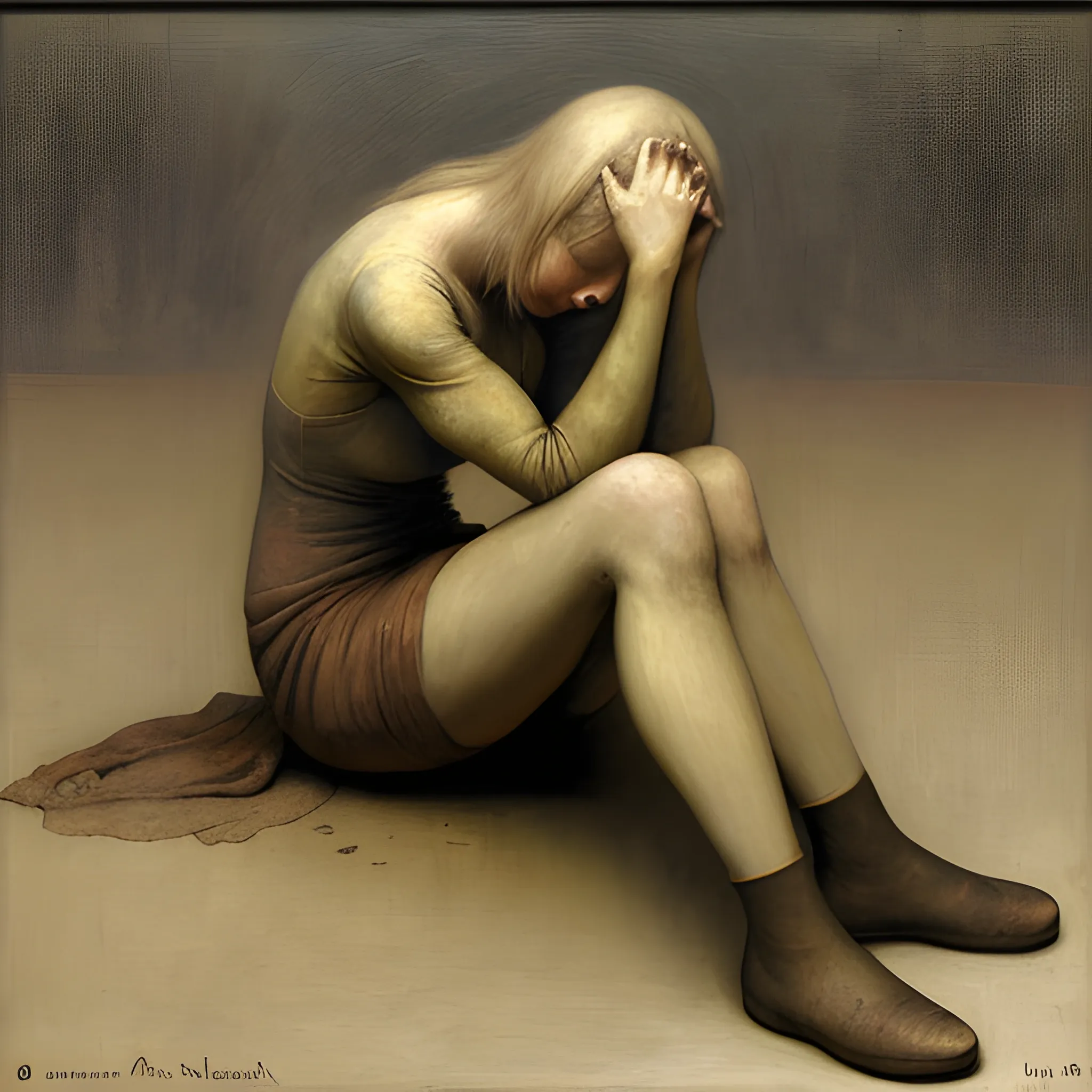  woman in despair  body language Odd Nerdrum style painting