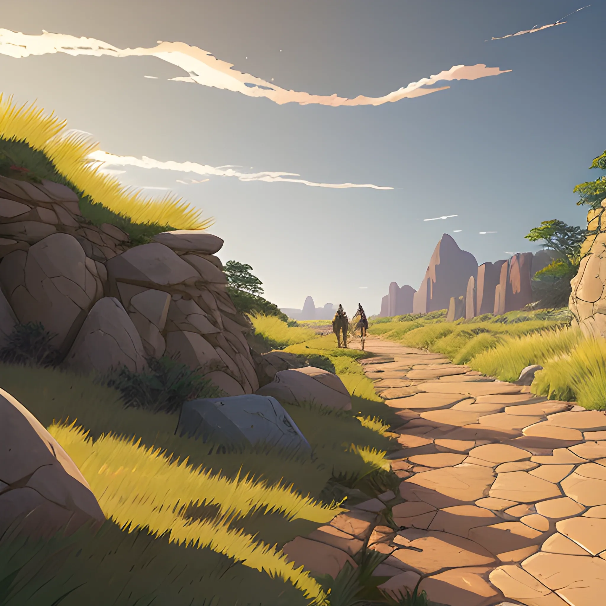 a dirt path with grasses rocks and stony... in the style of makoto shinkai and greg rutkowski and albert bierstadt and james gurney, Cartoon