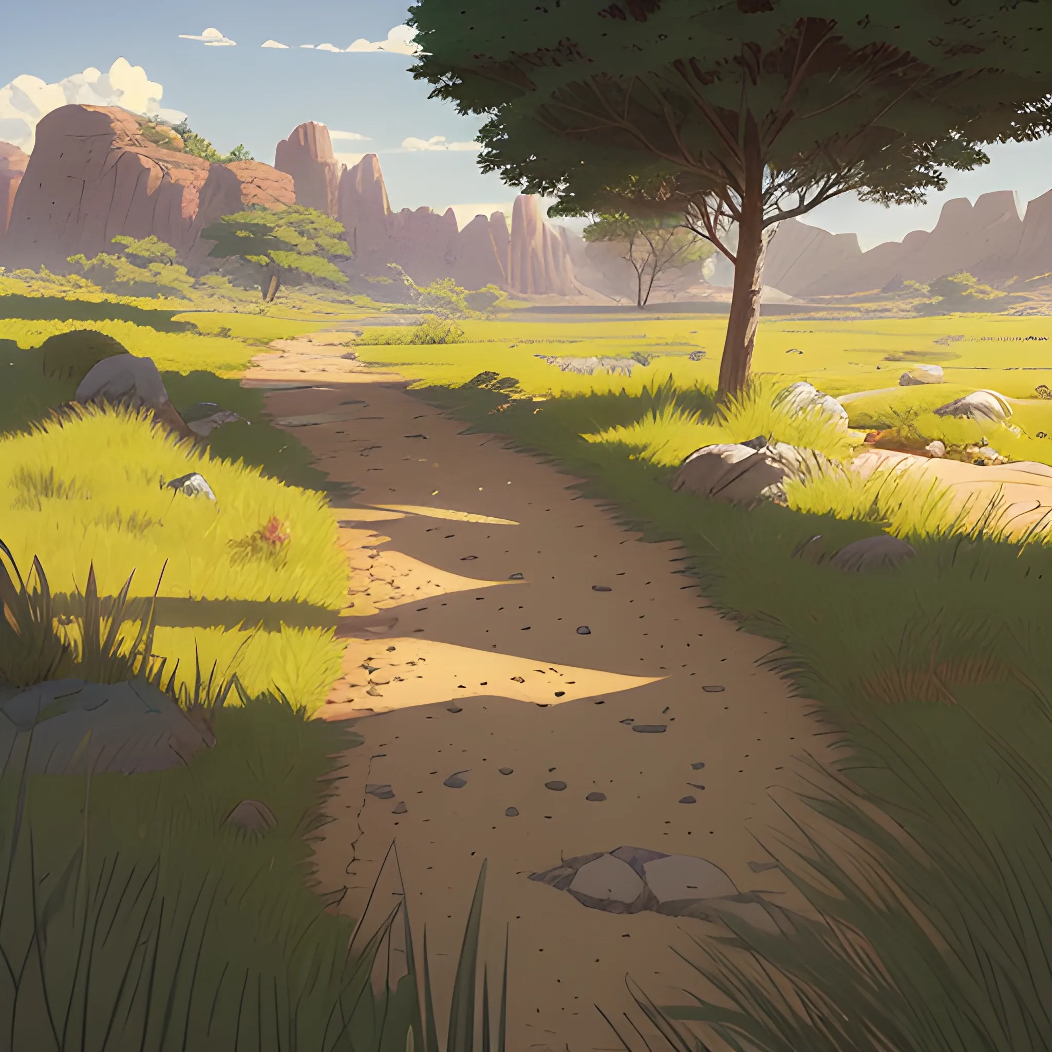 a dirt path with grasses rocks... in the style of makoto shinkai and greg rutkowski and albert bierstadt and james gurney, Cartoon