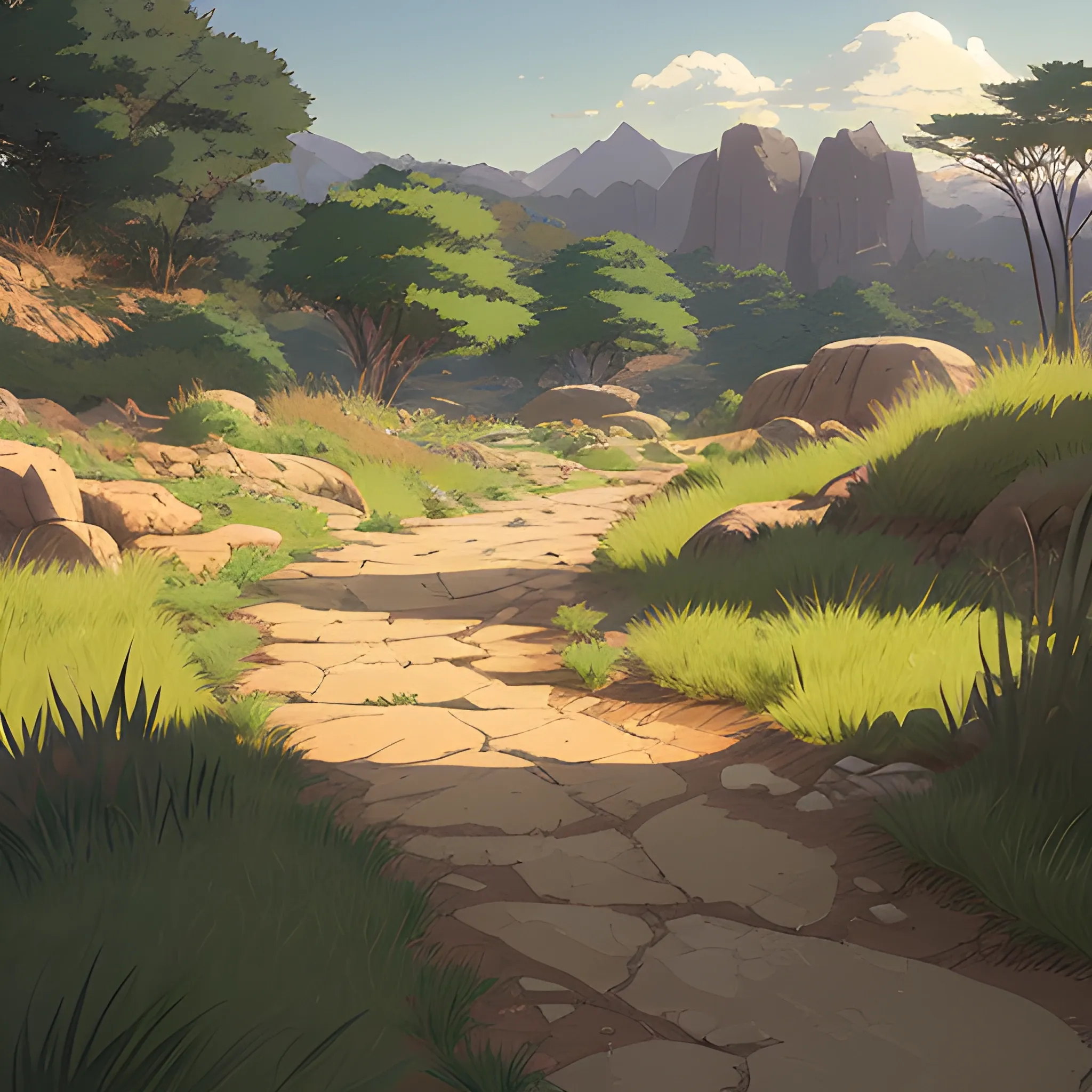 a dirt path with grasses rocks... in the style of makoto shinkai and greg rutkowski and albert bierstadt and james gurney, Cartoon