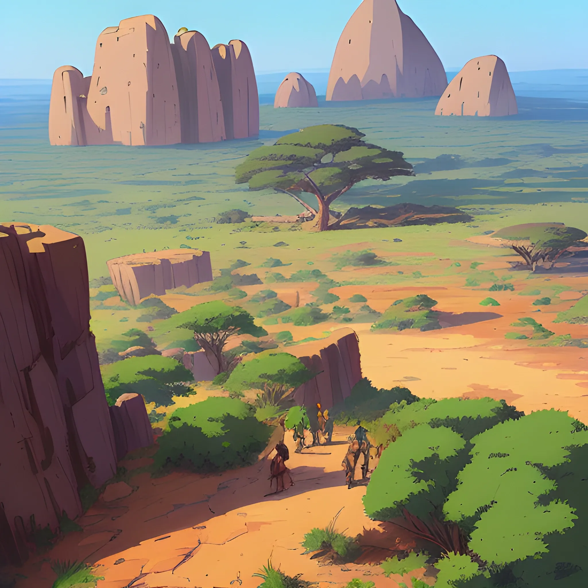 top view, african landscape, mountain with brush, with giants rocks... in the style of makoto shinkai and greg rutkowski and albert bierstadt and james gurney, Cartoon