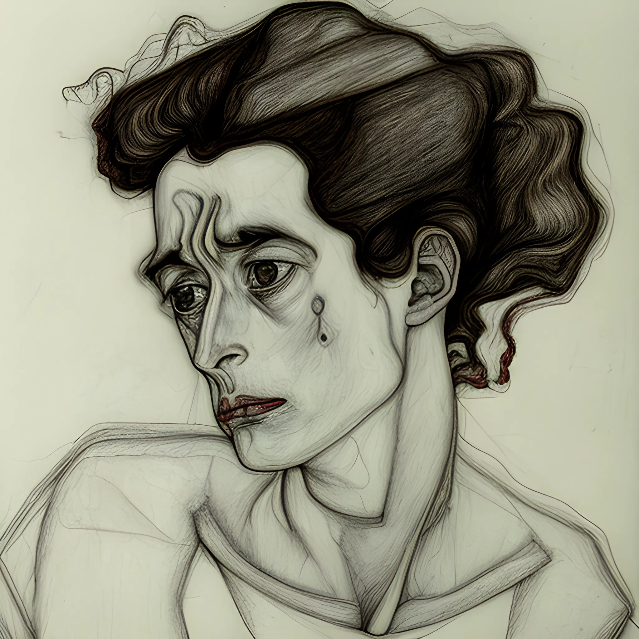  woman in despair egon schiele style pencil sketch