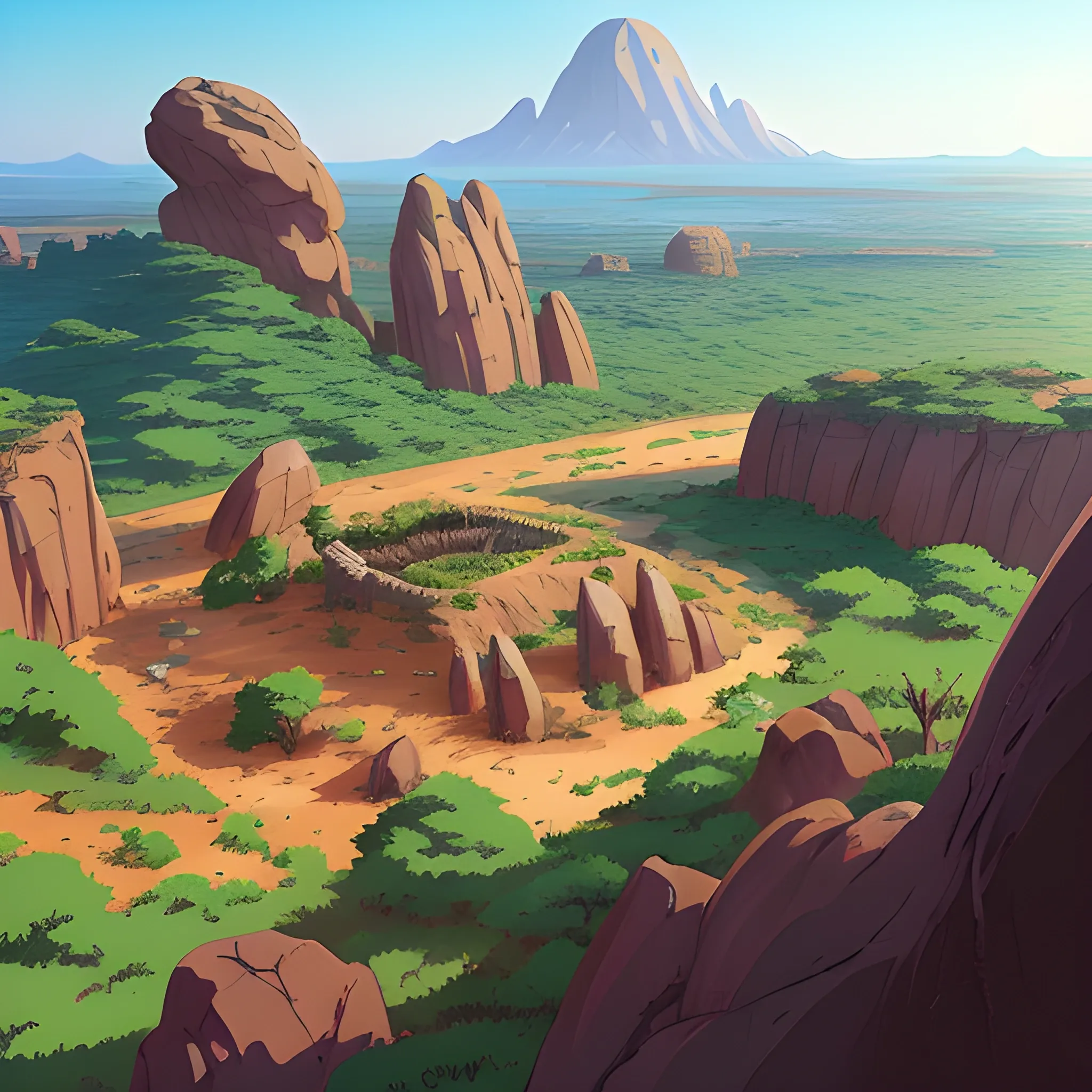 top view, african landscape, mountain with brush, with giants rocks... in the style of makoto shinkai and greg rutkowski and albert bierstadt and james gurney, Cartoon