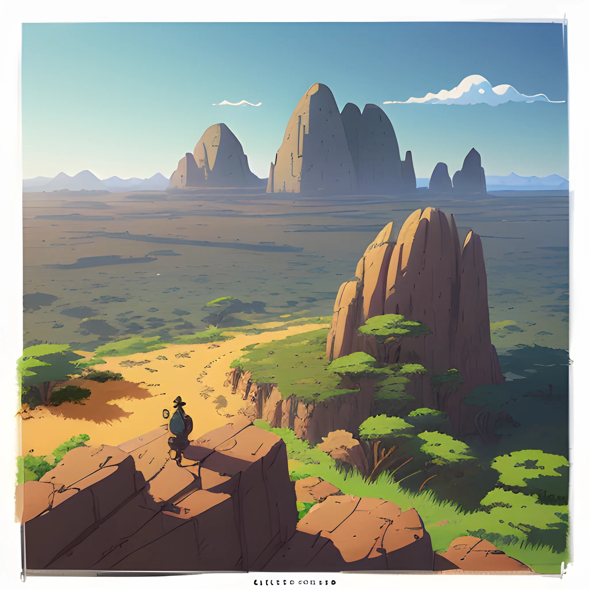 top view, african landscape, mountain with brush, with giants rocks... in the style of makoto shinkai and greg rutkowski and albert bierstadt and james gurney, Cartoon