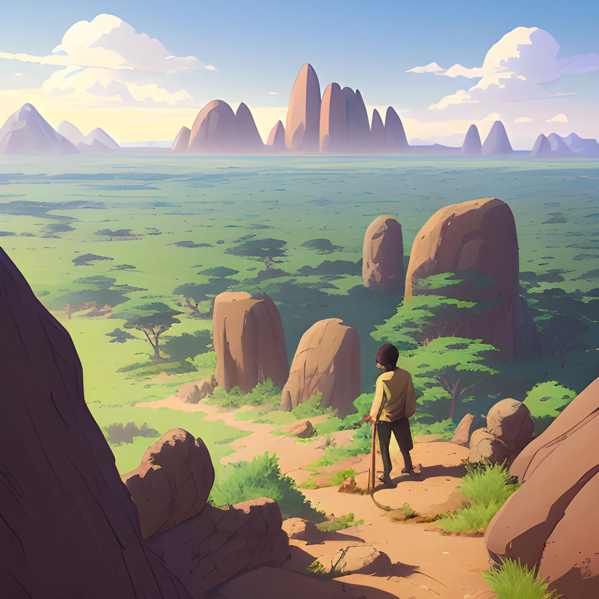 top view, african landscape, mountain with brush, with giants rocks... in the style of makoto shinkai and greg rutkowski and albert bierstadt and james gurney, Cartoon