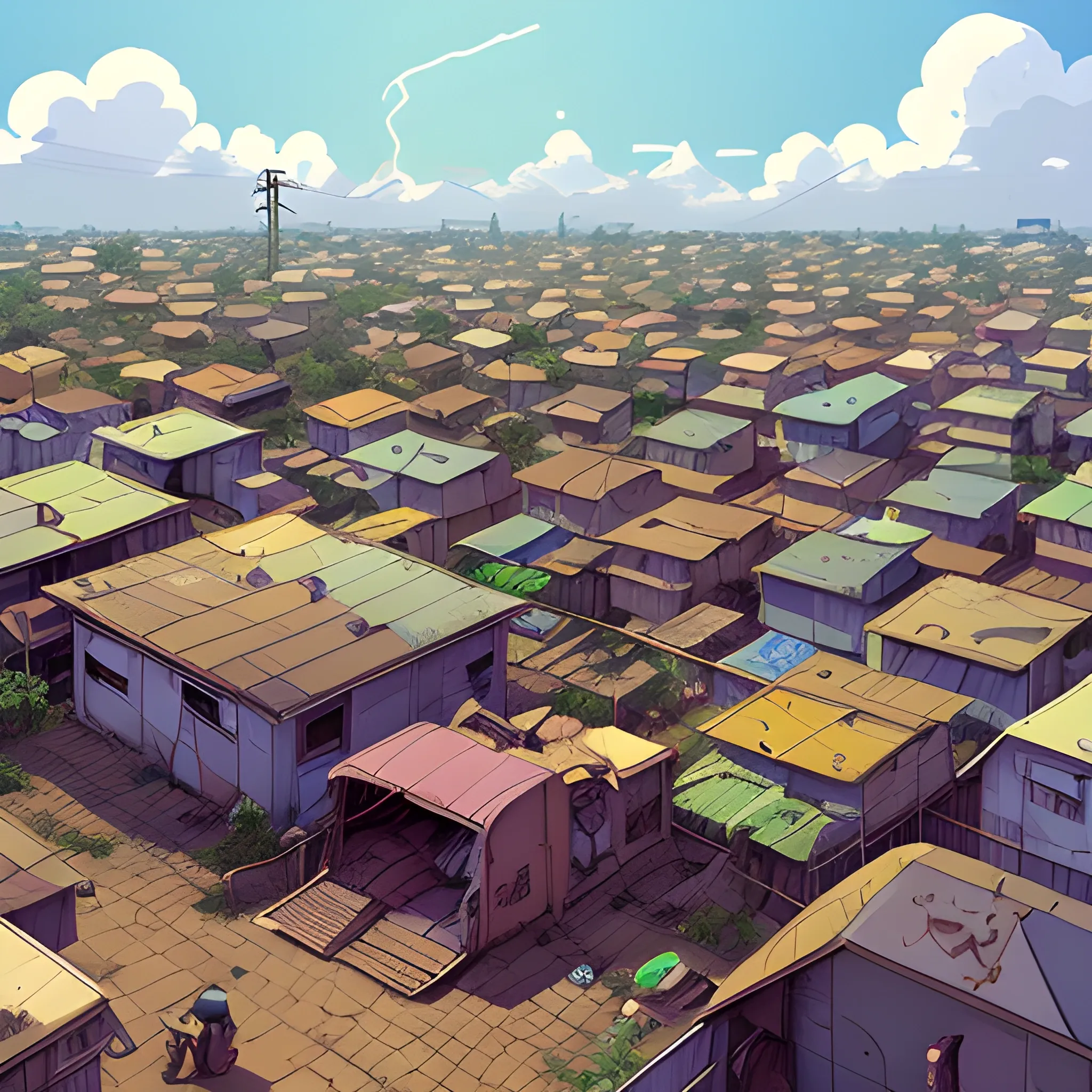 top view, african residential suburb with rubbish and shop, electric poles... in the style of makoto shinkai and greg rutkowski and albert bierstadt and james gurney, Cartoon