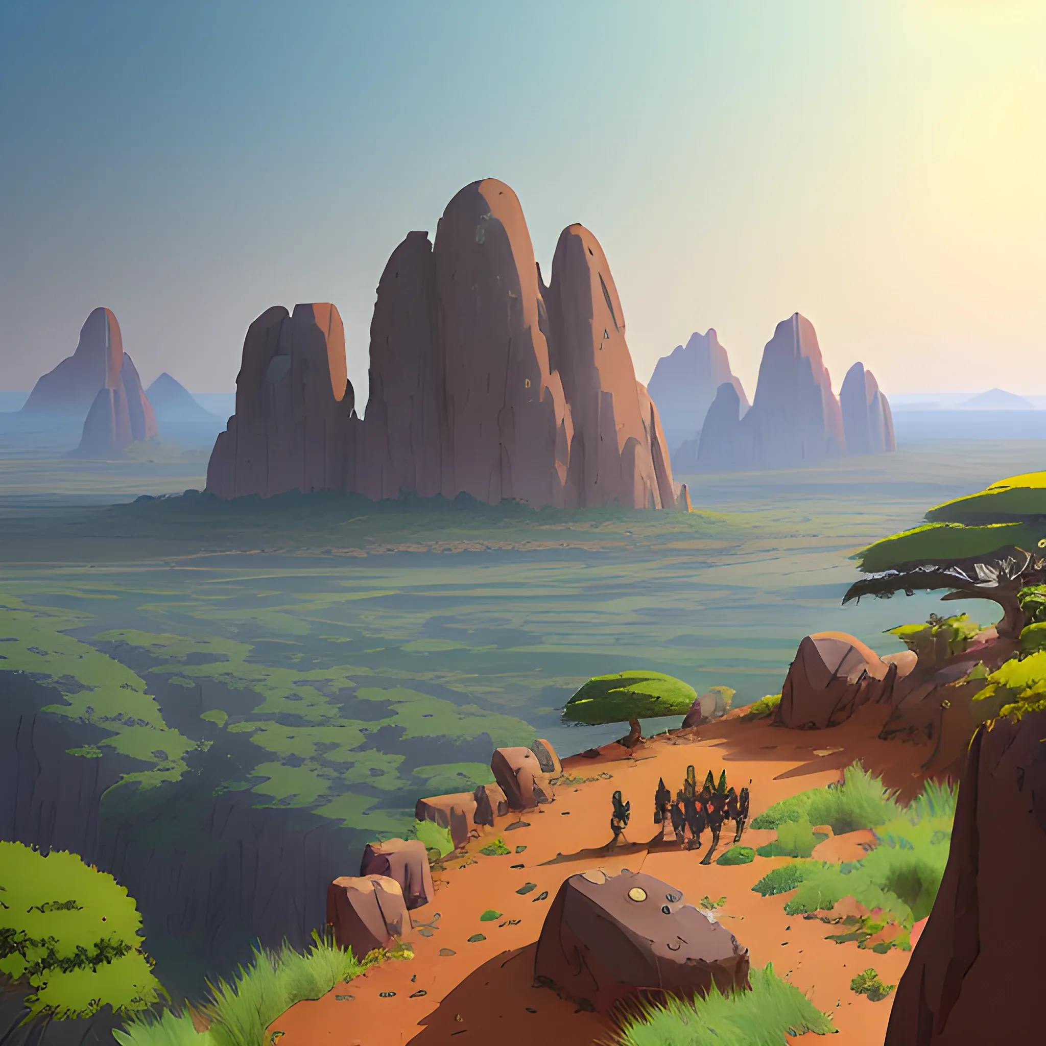 top view, african landscape, mountain with brush, with giants rocks... in the style of makoto shinkai and greg rutkowski and albert bierstadt and james gurney, Cartoon