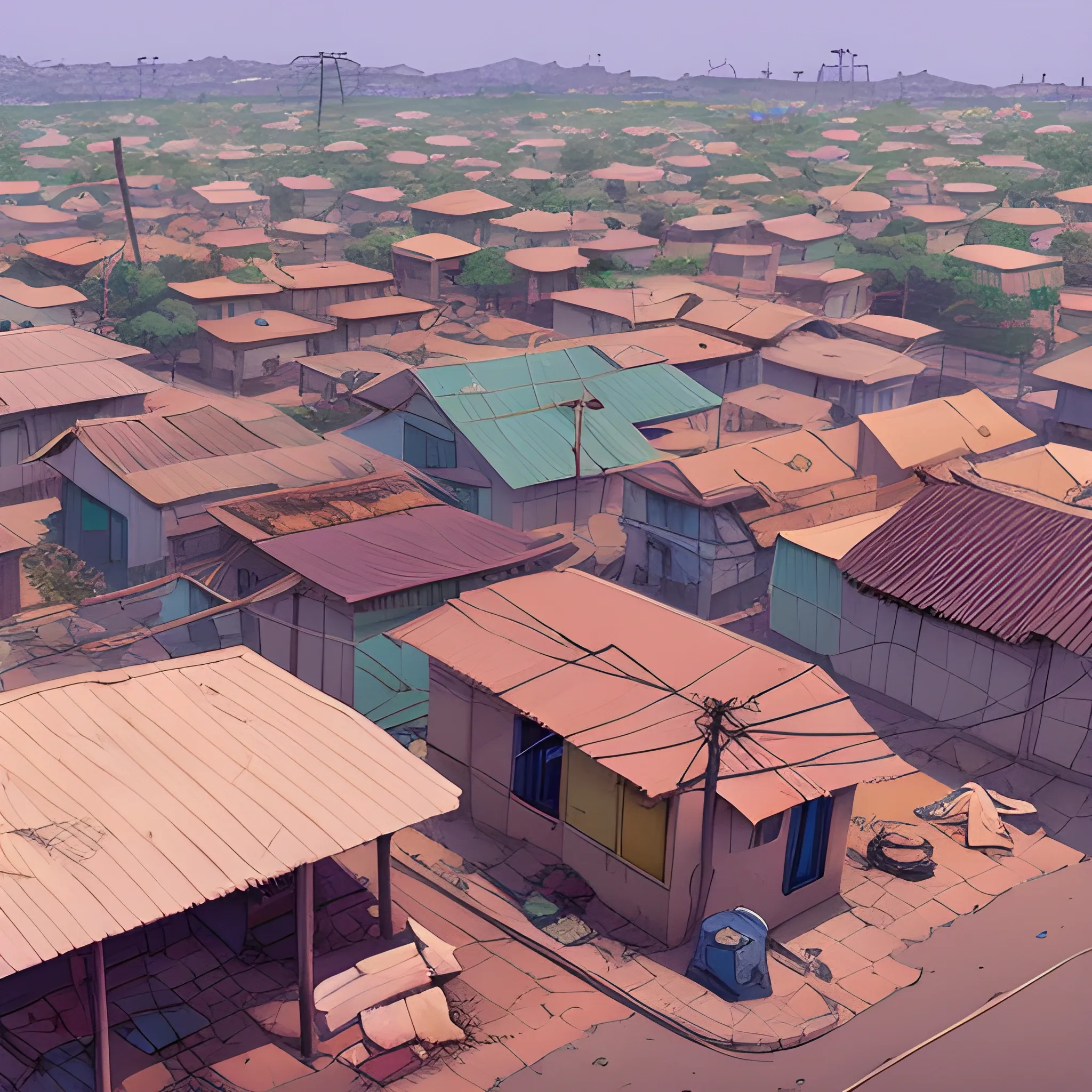 top view, african residential suburb with rubbish and shop, electric poles... in the style of makoto shinkai and greg rutkowski and albert bierstadt and james gurney, Cartoon