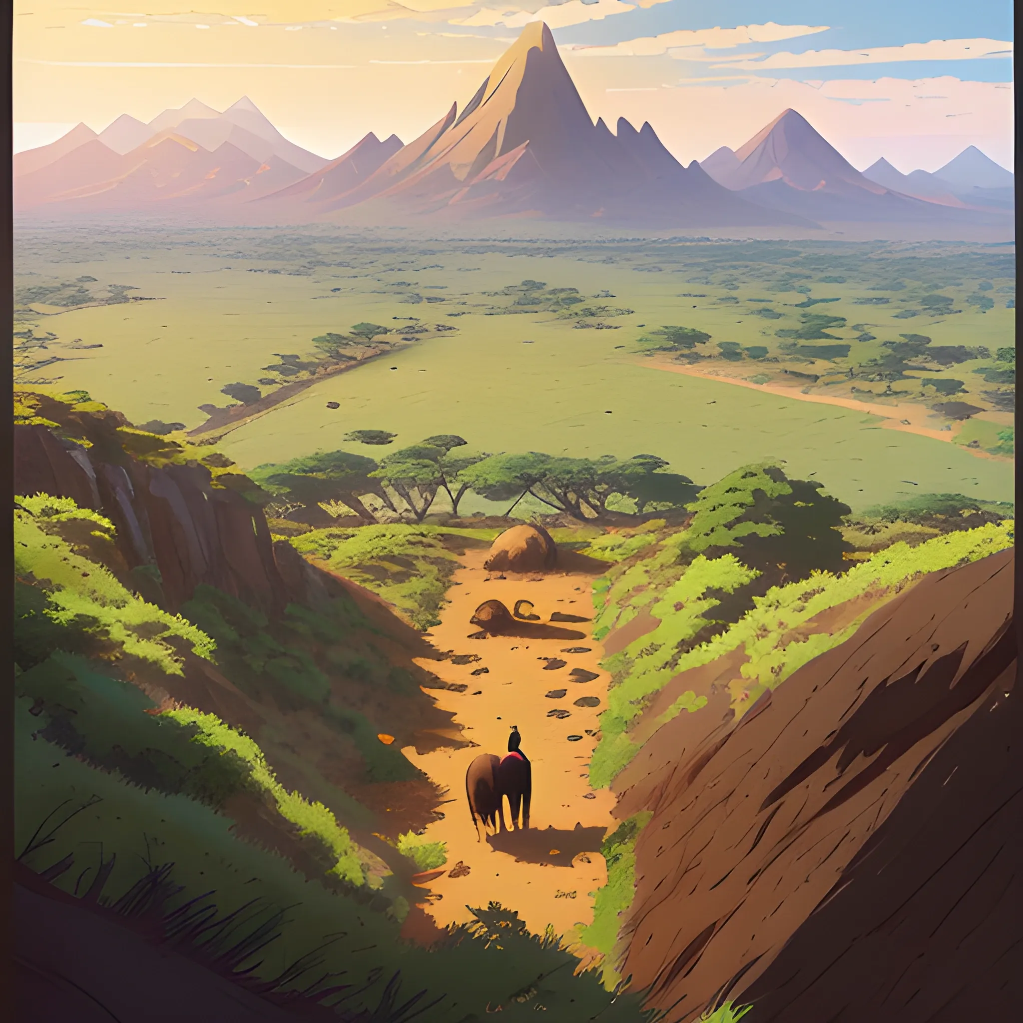 top view, african landscape, mountain with brush... in the style of makoto shinkai and greg rutkowski and albert bierstadt and james gurney, Cartoon