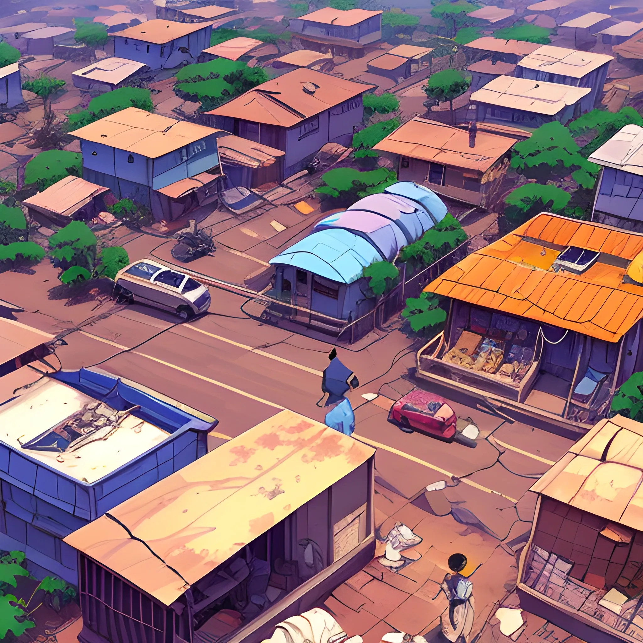 top view, african residential suburb with rubbish and shop, electric poles... in the style of makoto shinkai and greg rutkowski and albert bierstadt and james gurney, Cartoon