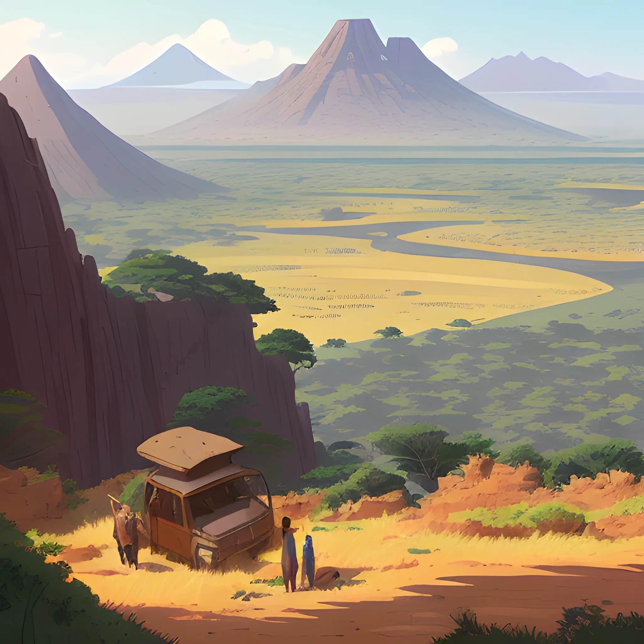 top view, african landscape, mountain with brush... in the style of makoto shinkai and greg rutkowski and albert bierstadt and james gurney, Cartoon