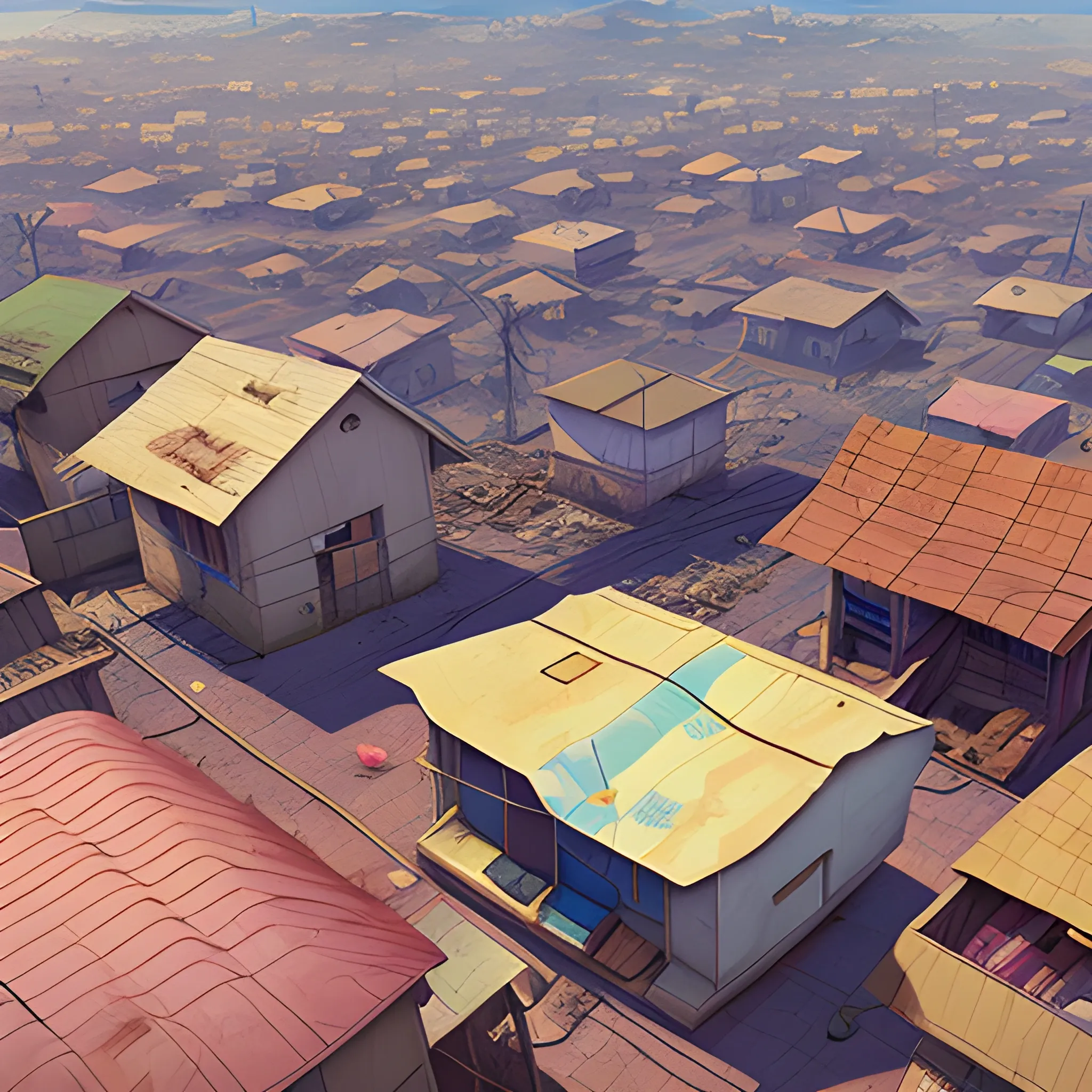 top view, african residential suburb with rubbish and shop, electric poles... in the style of makoto shinkai and greg rutkowski and albert bierstadt and james gurney, Cartoon